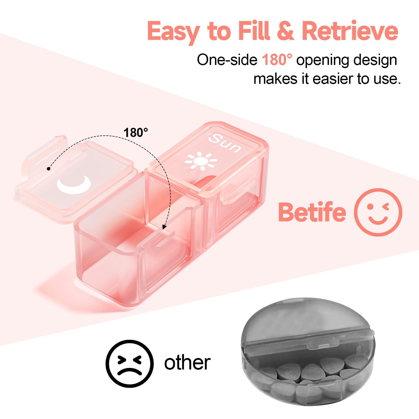 Betife Weekly Pill Organizer 2 Times a Day,7 Day Travel Pill Box,AM/PM pill case for Vitamins, Medication, Supplements and Fish Oils (Pink)