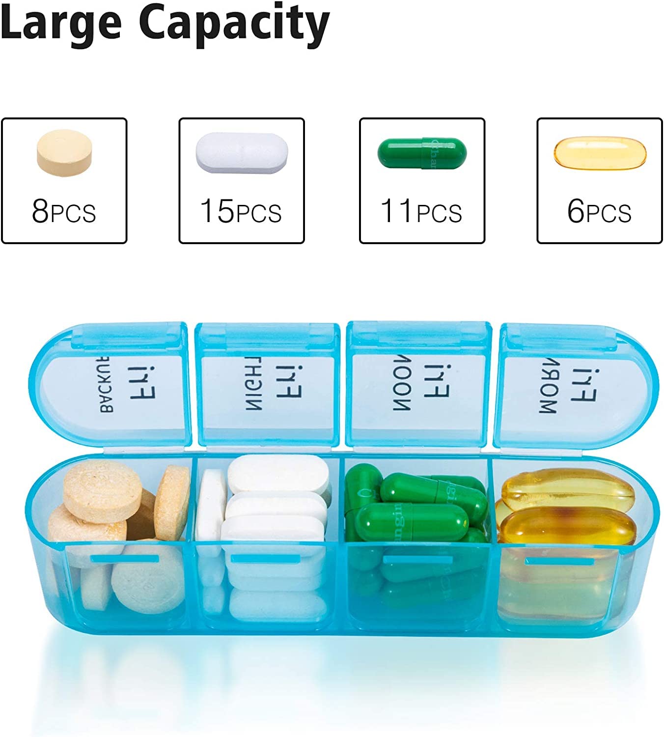 Pill Box 4 Times a Day, Betife Weekly Pill Box Organisers, 7 Day Tablet Organiser, Daily Pill Dispenser 7 Day 4 Compartments, Tablet Box for Medication, Vitamins and Supplements (Blue)