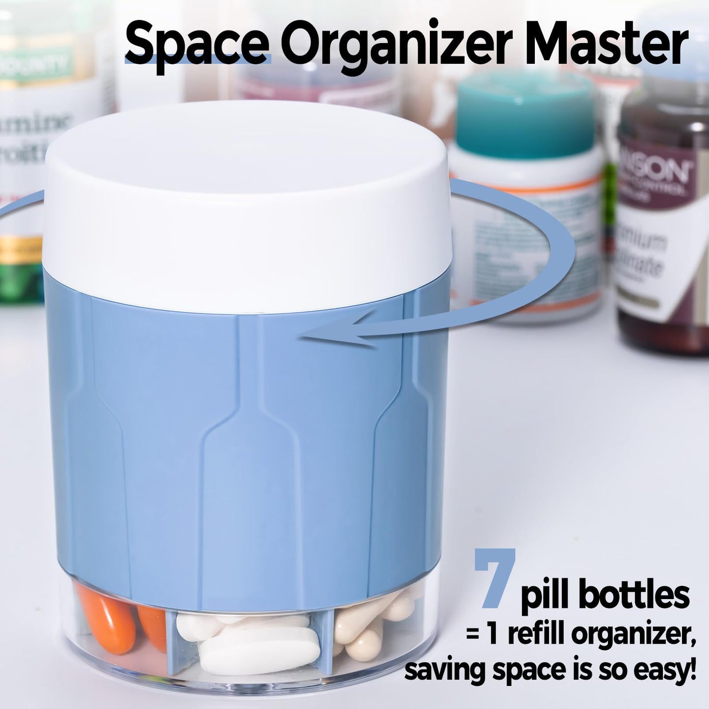 Extra Large Supplement Organizer,Betife Daily Weekly Pill Organizer Bottle, Pill Dispenser with 7 Large Compartments, Organizer to Hold Monthly Vitamin or Medication,includes 21 Pcs Labels (Blue)
