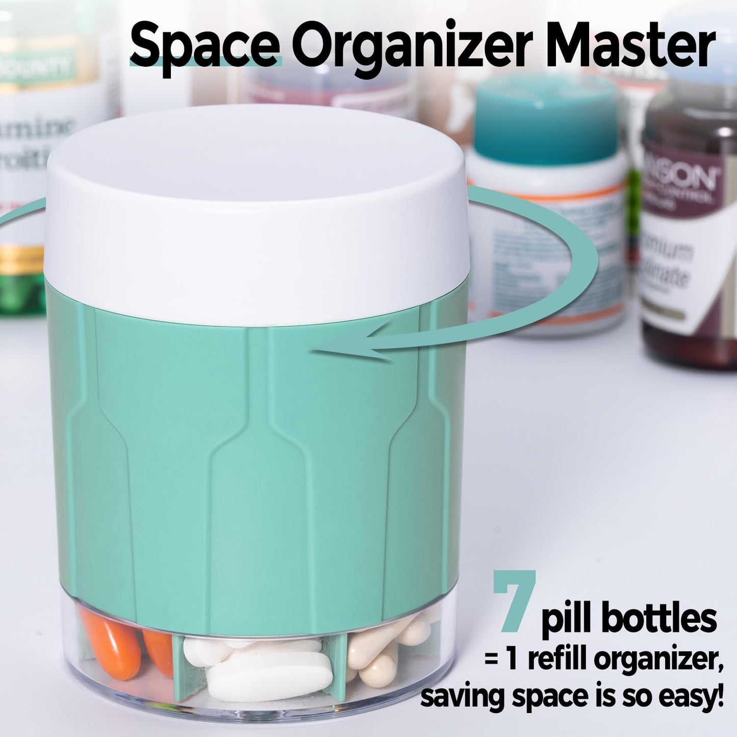 Extra Large Supplement Organizer,Betife Daily Weekly Pill Organizer Bottle, Pill Dispenser with 7 Large Compartments, Organizer to Hold Monthly Vitamin or Medication,Includes 21 Pcs Labels (Cyan)