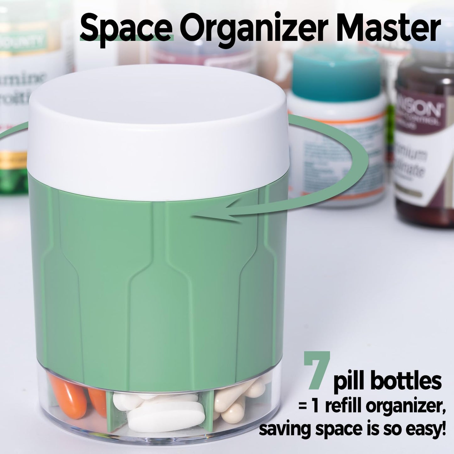 Extra Large Supplement Organizer,Betife Daily Weekly Pill Organizer Bottle, Pill Dispenser with 7 Large Compartments, Organizer to Hold Monthly Vitamin or Medication,Includes 21 Pcs Labels(Green)