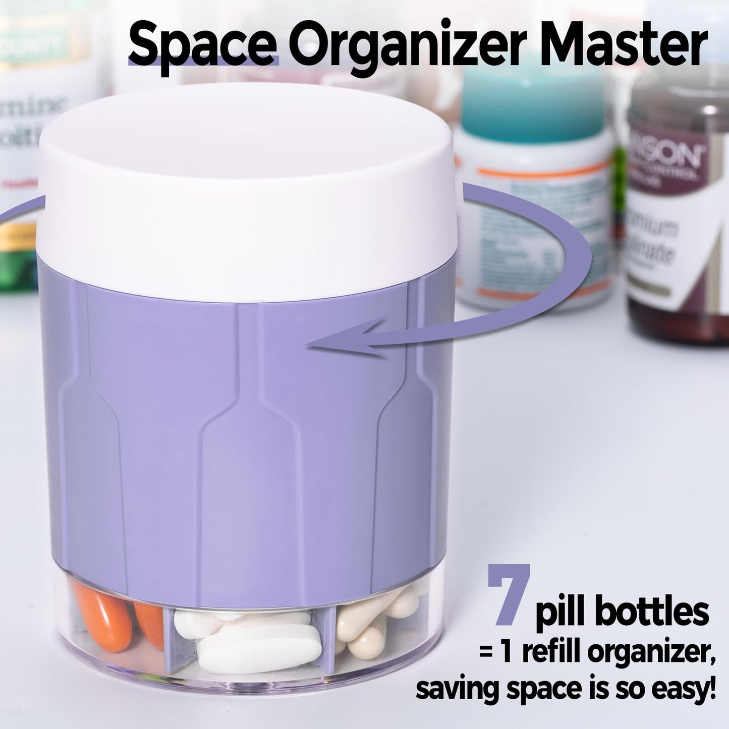 Extra Large Supplement Organizer,Betife Daily Weekly Pill Organizer Bottle, Pill Dispenser with 7 Large Compartments, Organizer to Hold Monthly Vitamin or Medication,Includes 21 Pcs Labels (Purple)