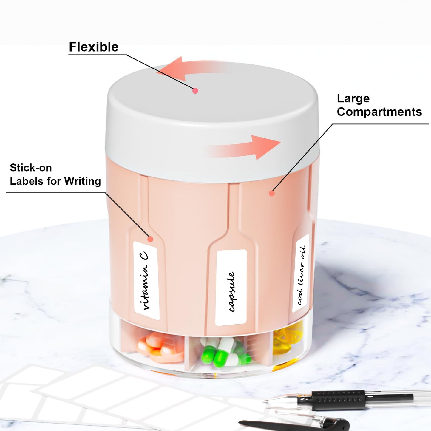 Extra Large Supplement Organizer,Betife Daily Weekly Pill Organizer Bottle, Pill Dispenser with 7 Large Compartments, Organizer to Hold Monthly Vitamin or Medication,Includes 21 Pcs Labels(Pink)