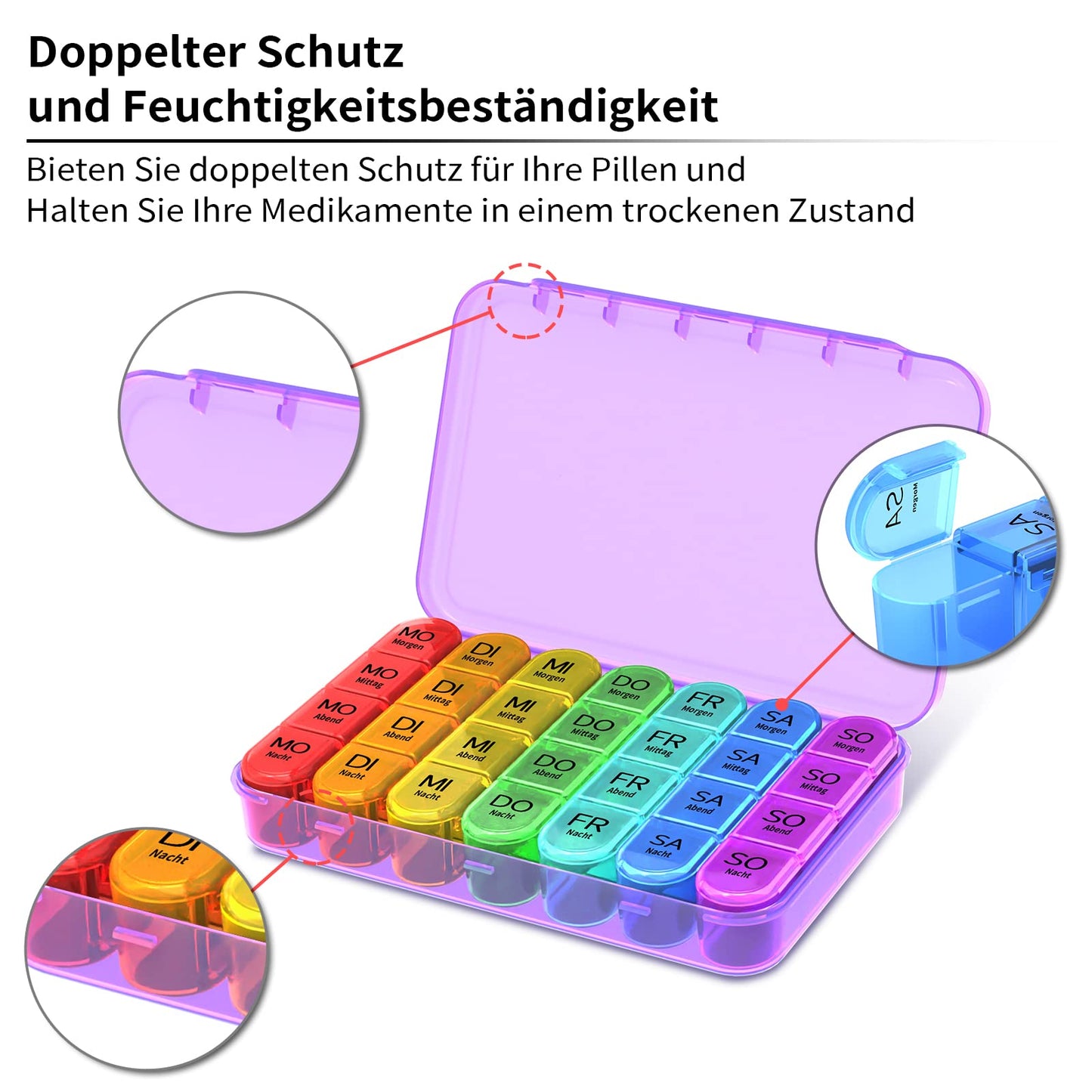 Tablettenbox 7 Tage Morgens Mittags Abends Nachts, Betife Pillendose 7 Tage 4 Fächer, Medikamentenbox 7 Tage, Pillenbox Groß, Tabletten Wochenbox, Pillendose 7 Tage 4 Fächer (Lila)