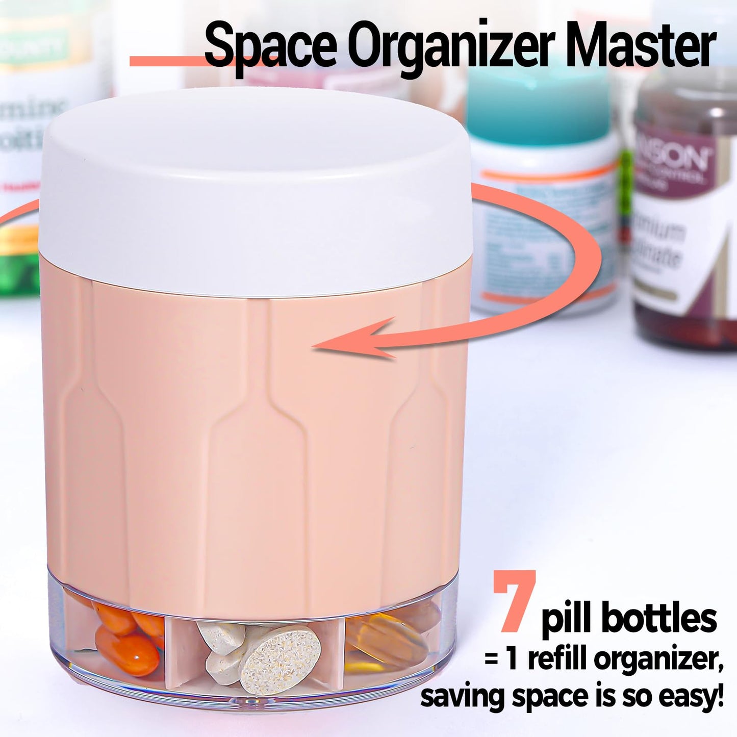Extra Large Supplement Organizer,Betife Daily Weekly Pill Organizer Bottle, Pill Dispenser with 7 Large Compartments, Organizer to Hold Monthly Vitamin or Medication,Includes 21 Pcs Labels(Pink)