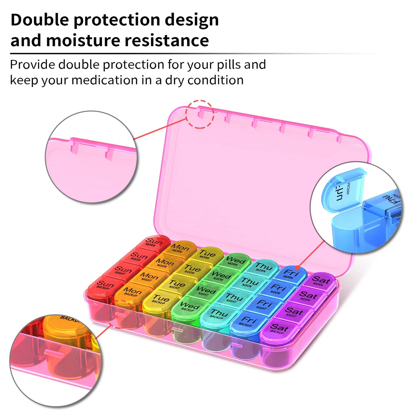 Pill Box 4 Times a Day, Betife Weekly Pill Box Organisers, 7 Day Tablet Organiser, Daily Pill Dispenser 7 Day 4 Compartments, Tablet Box for Medication, Vitamins and Supplements (Pink)