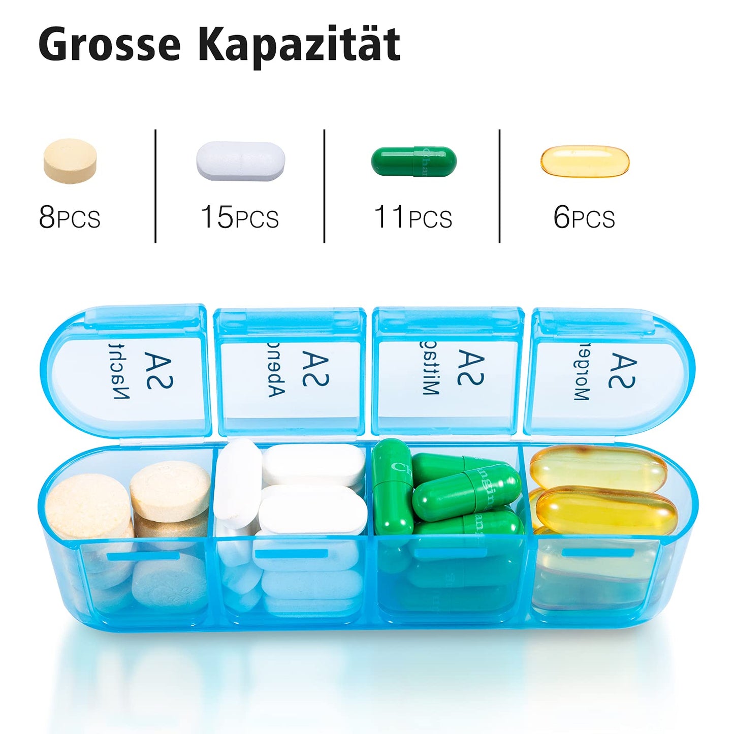 Tablettenbox 7 Tage Morgens Mittags Abends Nachts, Betife Pillendose 7 Tage 4 Fächer, Medikamentenbox 7 Tage, Pillenbox Groß, Tabletten Wochenbox, Pillendose 7 Tage 4 Fächer (Grün)