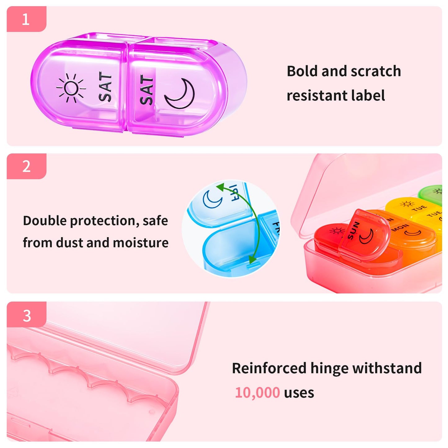 Betife Weekly Pill Organizer 2 Times a Day, 7 Day Pill Box AM PM, Portable Travel Pill Case, Daily Pill Container Day and Night, Medicine Organizer for Medication, Vitamin or Supplement(Pink)