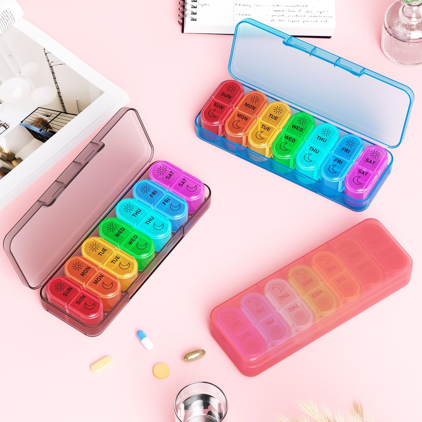 Betife Weekly Pill Organizer 2 Times a Day, 7 Day Pill Box AM PM, Portable Travel Pill Case, Daily Pill Container Day and Night, Medicine Organizer for Medication, Vitamin or Supplement(Pink)