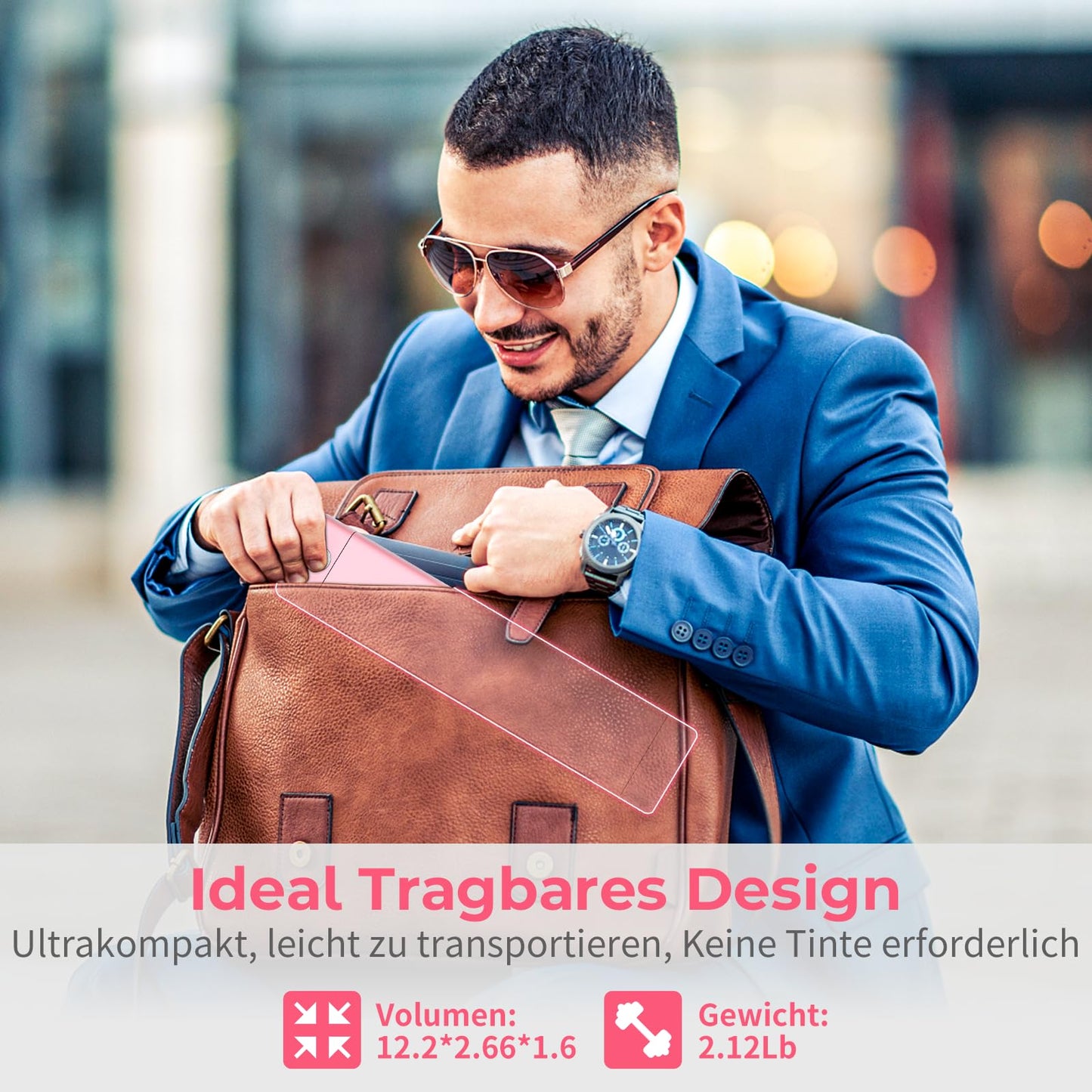 Betife Tragbarer Mobiler Drucker A4 Bluetooth Mini Drucker für die Reise, Kabelloser Thermodrucker ohne patronen unterstützt Thermopapier 210 x 297mm, Kompatibel mit Android iOS Mac (Rosa)
