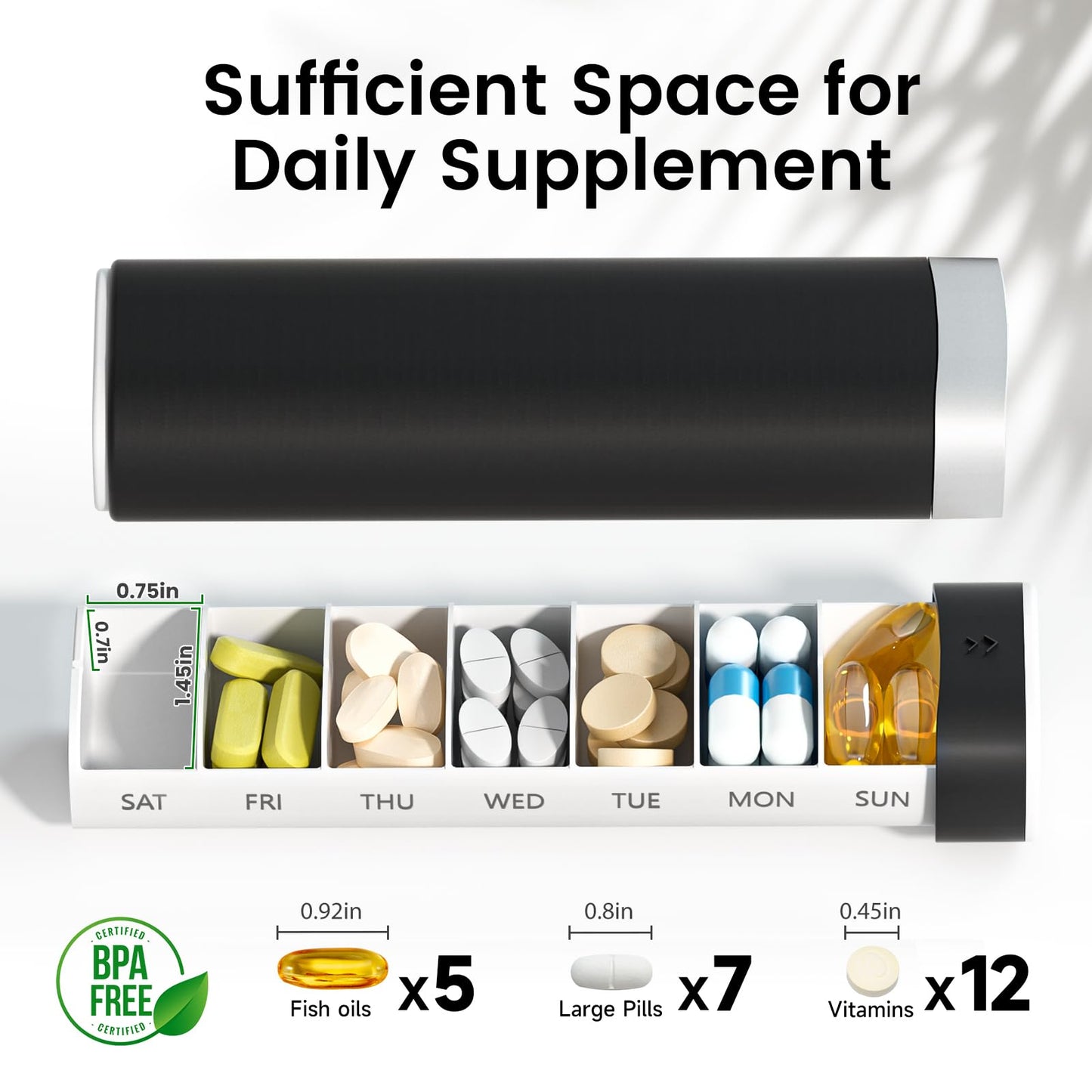 Weekly Pill Organizer 7 Day, Betife Daily Pill Box, Travel Pill Case, Cute Pill Holder to Hold Vitamins, Medicines, Supplements, Pills Organizer(Black)