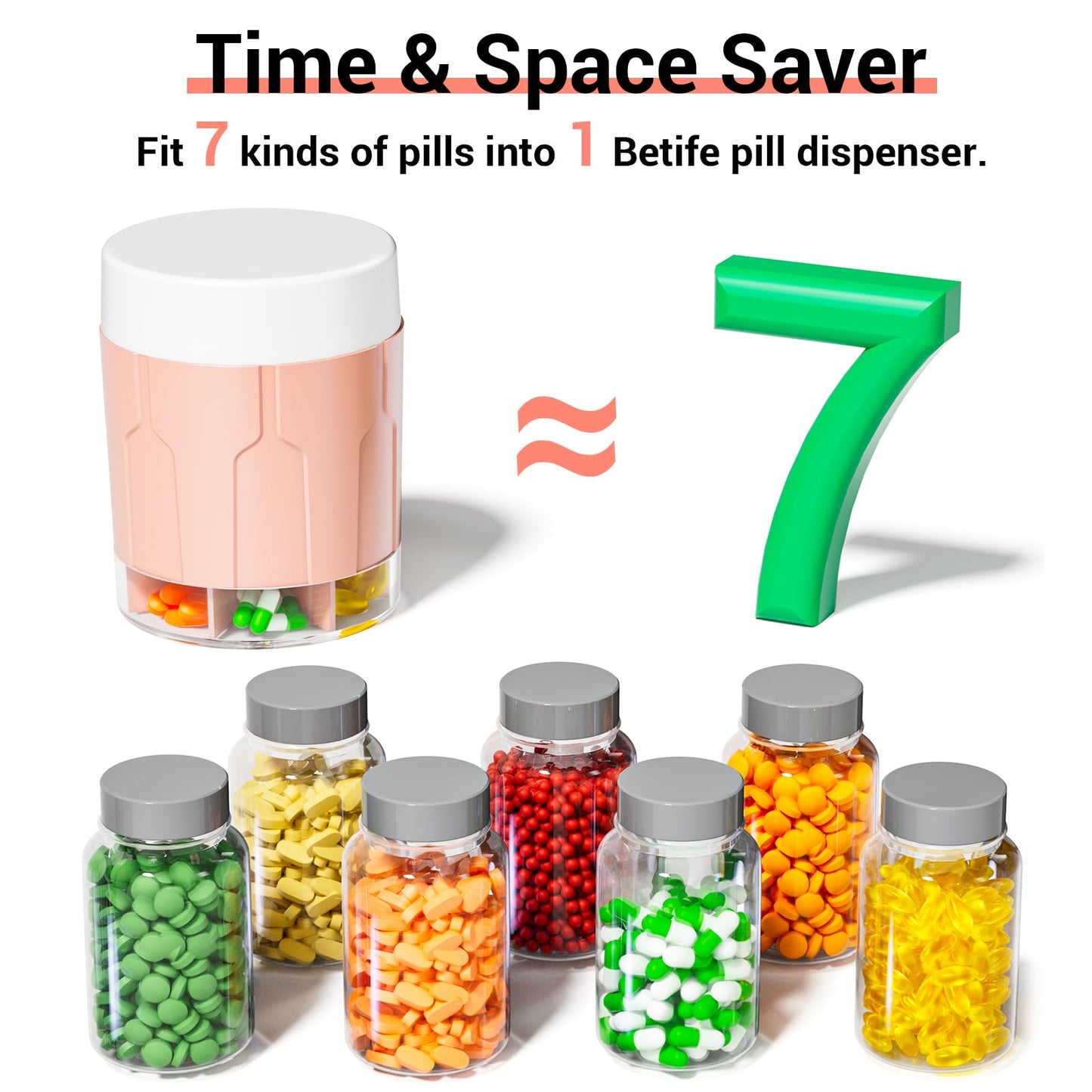 Extra Large Supplement Organizer,Betife Daily Weekly Pill Organizer Bottle, Pill Dispenser with 7 Large Compartments, Organizer to Hold Monthly Vitamin or Medication,Includes 21 Pcs Labels(Pink)