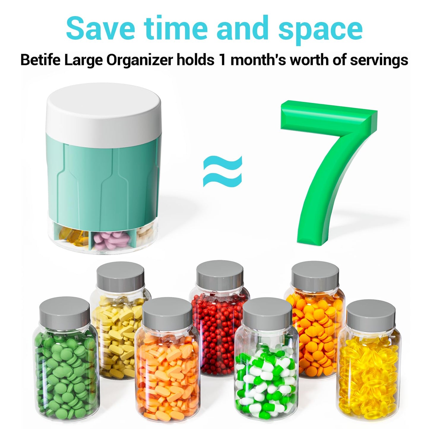 Extra Large Supplement Organizer,Betife Daily Weekly Pill Organizer Bottle, Pill Dispenser with 7 Large Compartments, Organizer to Hold Monthly Vitamin or Medication,Includes 21 Pcs Labels (Cyan)