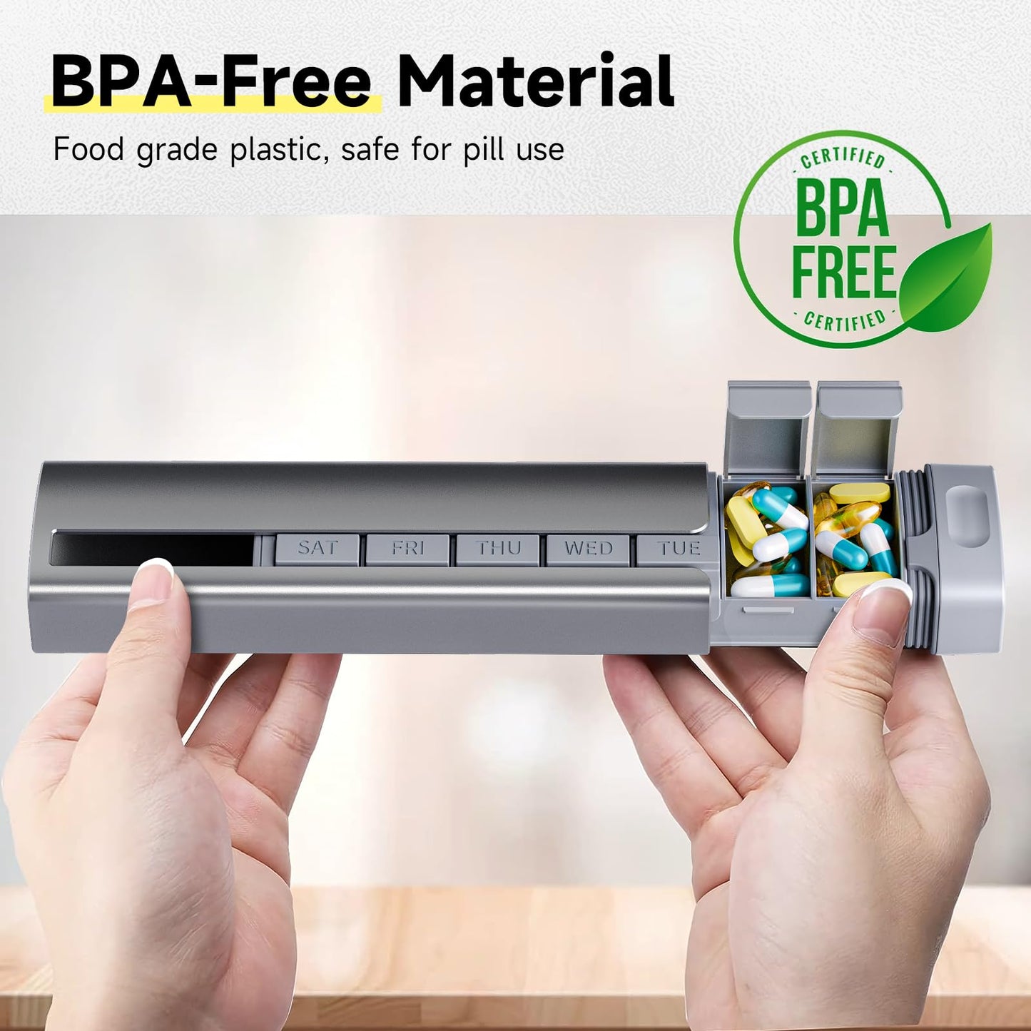 Pill Organizer 7 Day, Betife Upgrade Premium Aluminum Alloy Daily Pill Box, Weekly Travel Pill Case, Cute Pill Holder to Hold Vitamins, Medicines, Pills, Supplements (Grey)