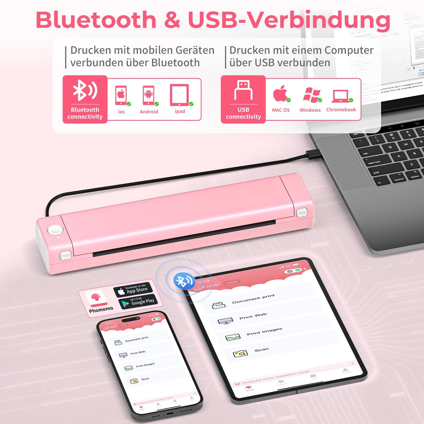 Betife Tragbarer Mobiler Drucker A4 Bluetooth Mini Drucker für die Reise, Kabelloser Thermodrucker ohne patronen unterstützt Thermopapier 210 x 297mm, Kompatibel mit Android iOS Mac (Rosa)