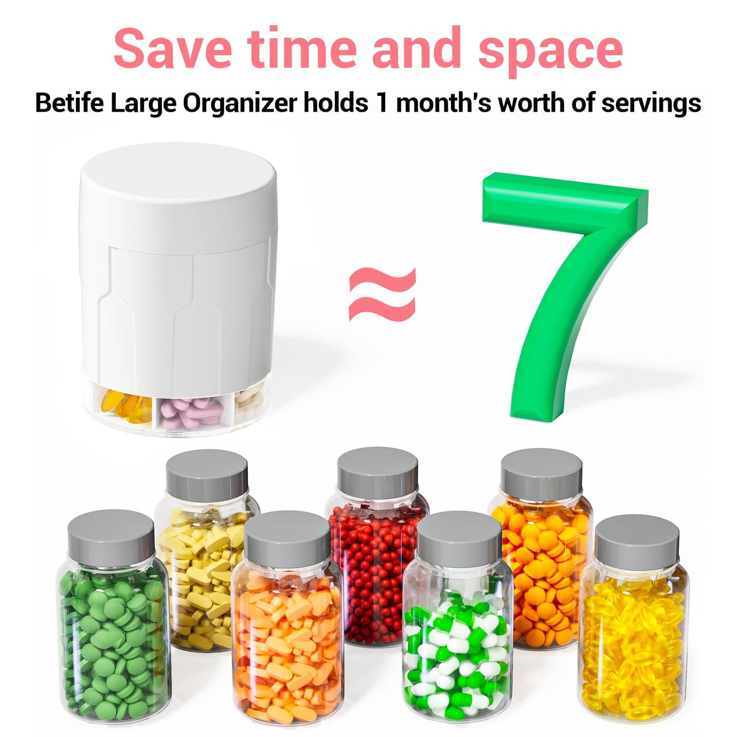Extra Large Supplement Organizer,Betife Daily Weekly Pill Organizer Bottle, Pill Dispenser with 7 Large Compartments, Organizer to Hold Monthly Vitamin or Medication,Includes 21 Pcs Labels(White)