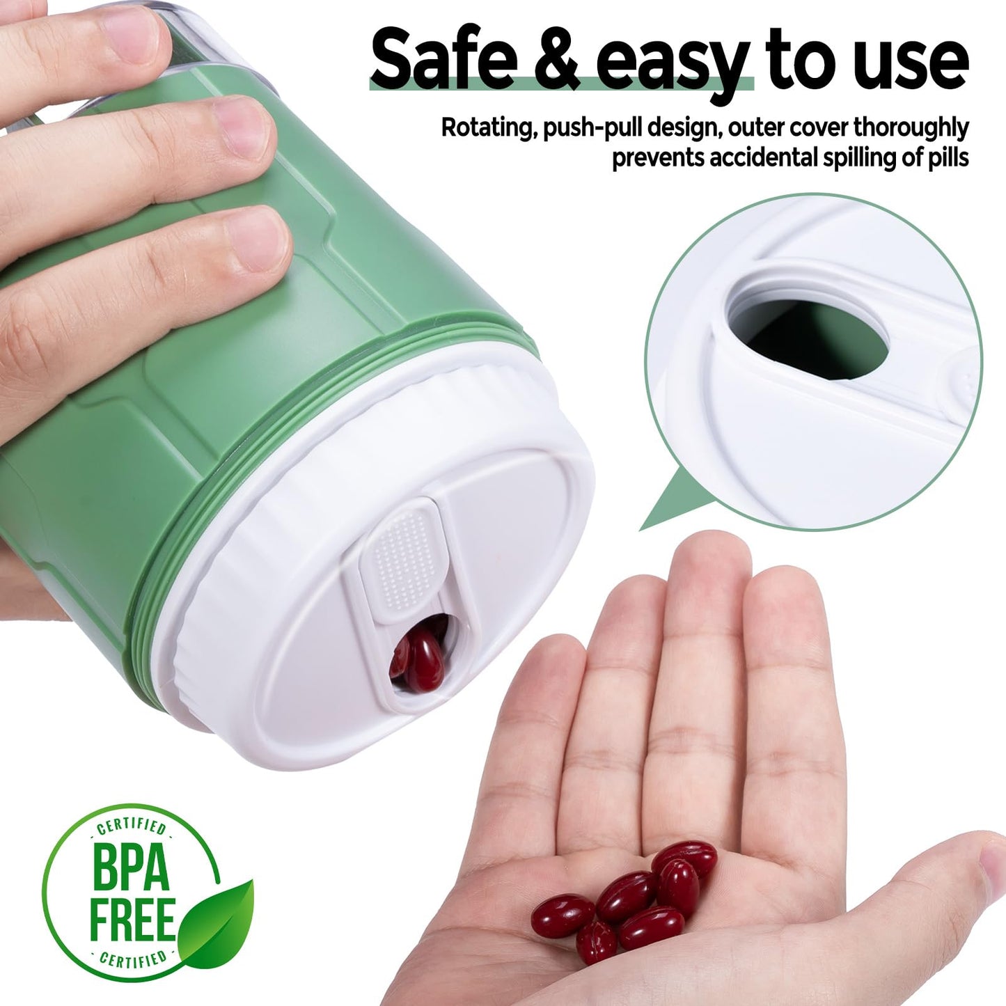 Extra Large Supplement Organizer,Betife Daily Weekly Pill Organizer Bottle, Pill Dispenser with 7 Large Compartments, Organizer to Hold Monthly Vitamin or Medication,Includes 21 Pcs Labels(Green)