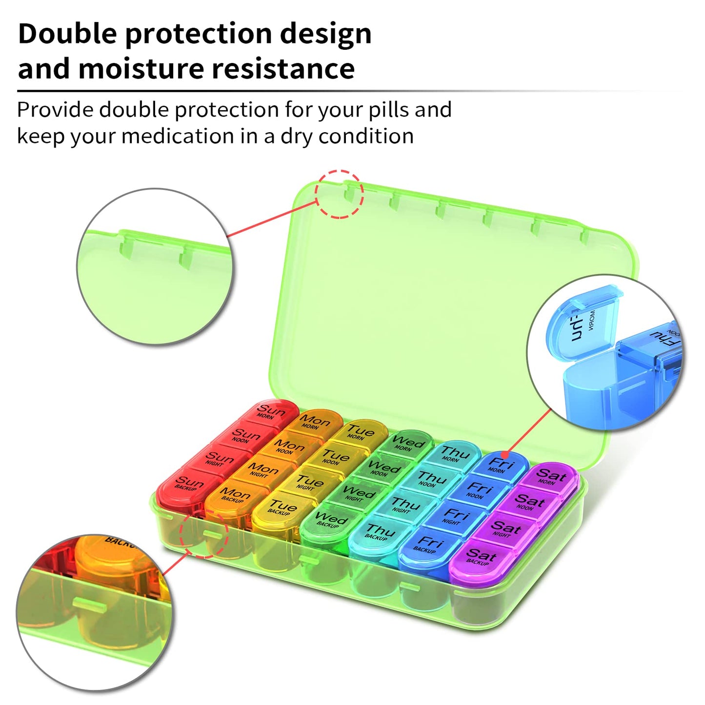 Pill Box 4 Times a Day, Betife Weekly Pill Box Organisers, 7 Day Tablet Organiser, Daily Pill Dispenser 7 Day 4 Compartments, Tablet Box for Medication, Vitamins and Supplements (Green)