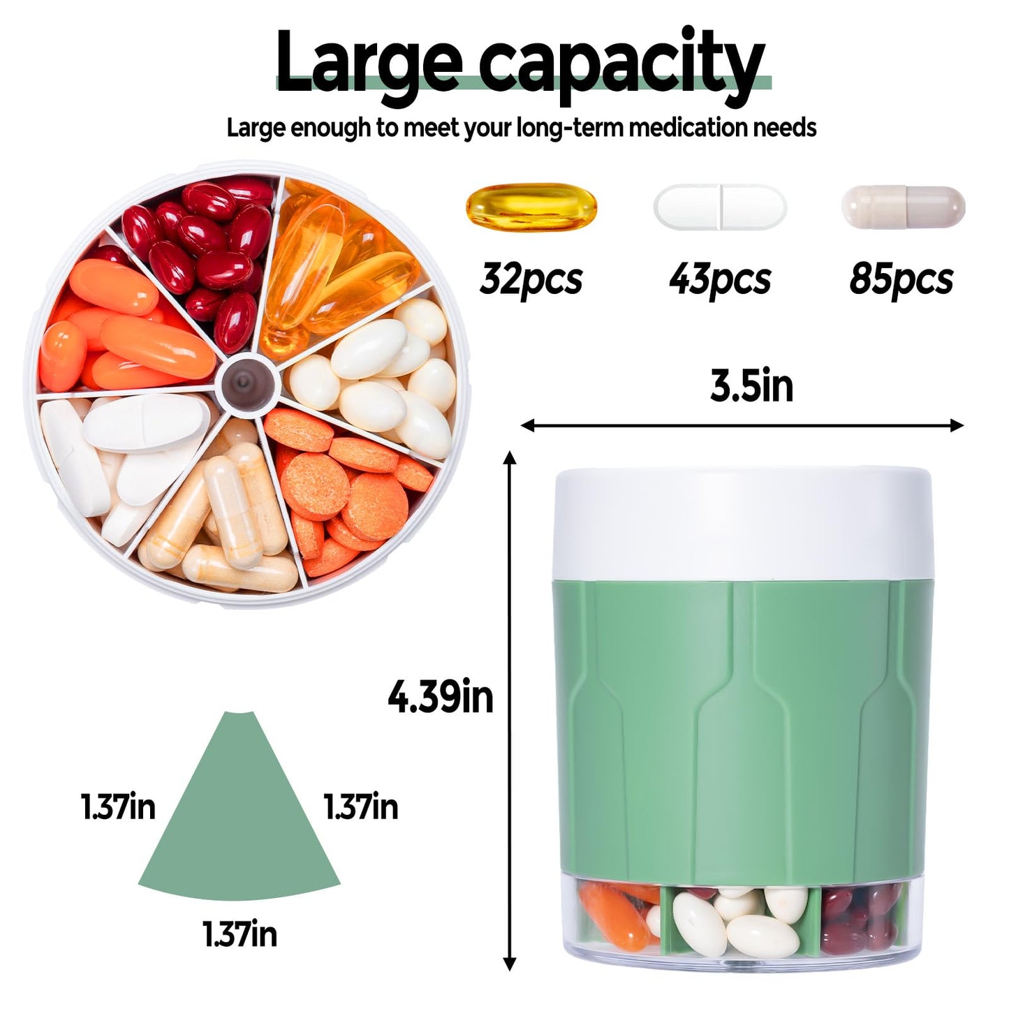 Extra Large Supplement Organizer,Betife Daily Weekly Pill Organizer Bottle, Pill Dispenser with 7 Large Compartments, Organizer to Hold Monthly Vitamin or Medication,Includes 21 Pcs Labels(Green)