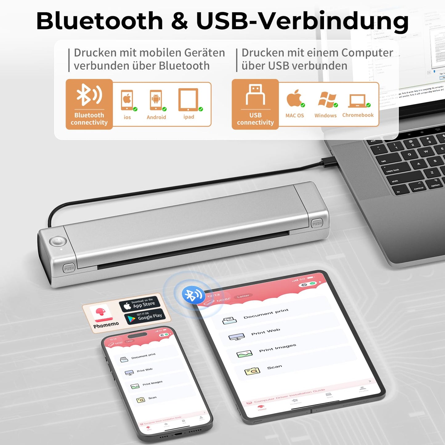 Betife Tragbarer Mobiler Drucker A4 Bluetooth Mini Drucker für die Reise, Kabelloser Thermodrucker ohne patronen unterstützt Thermopapier 210 x 297mm, Kompatibel mit Android iOS Mac (Silber)
