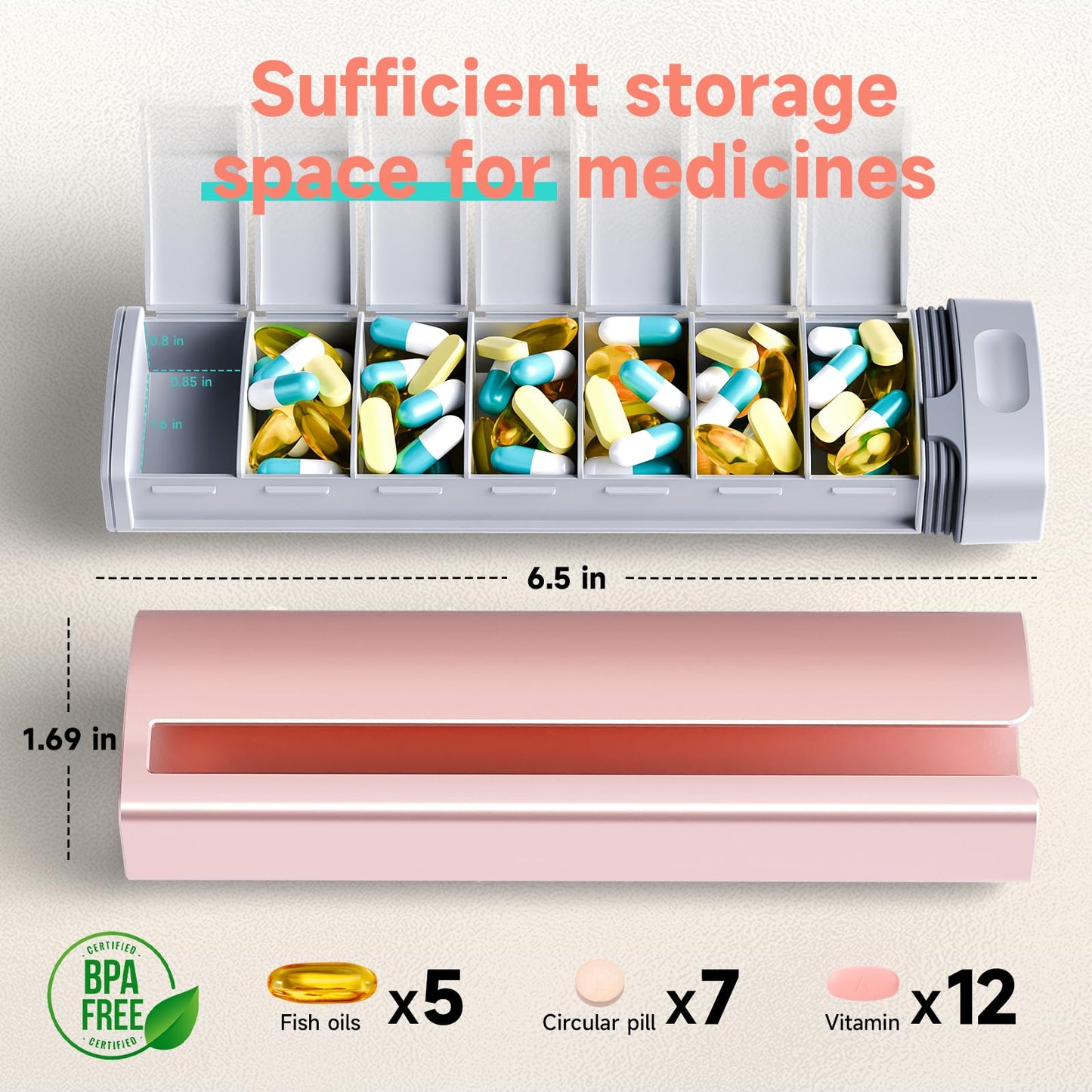 Pill Organizer 7 Day, Betife Upgrade Premium Aluminum Alloy Daily Pill Box, Weekly Travel Pill Case, Cute Pill Holder to Hold Vitamins, Medicines, Pills, Supplements (Pink)