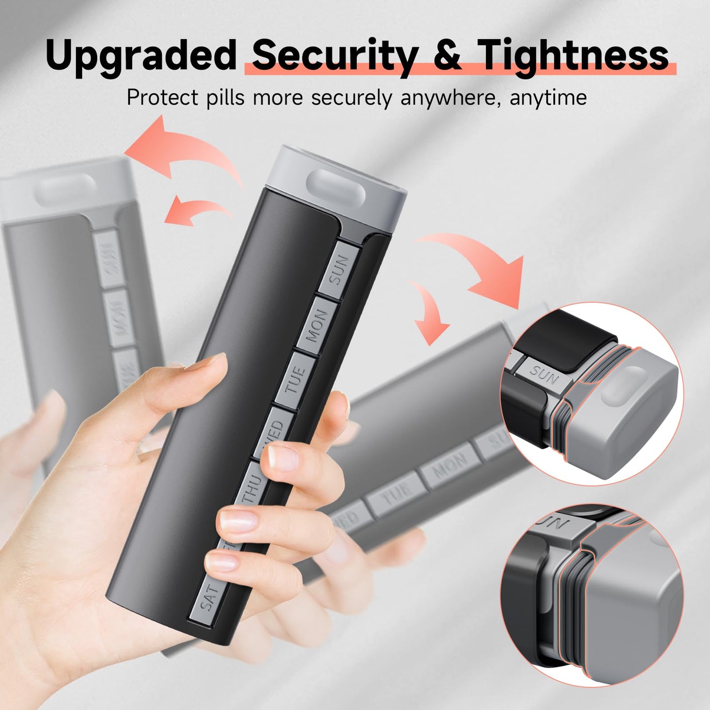 Pill Organizer 7 Day, Betife Upgrade Premium Aluminum Alloy Daily Pill Box, Weekly Travel Pill Case, Cute Pill Holder to Hold Vitamins, Medicines, Pills, Supplements (Black)