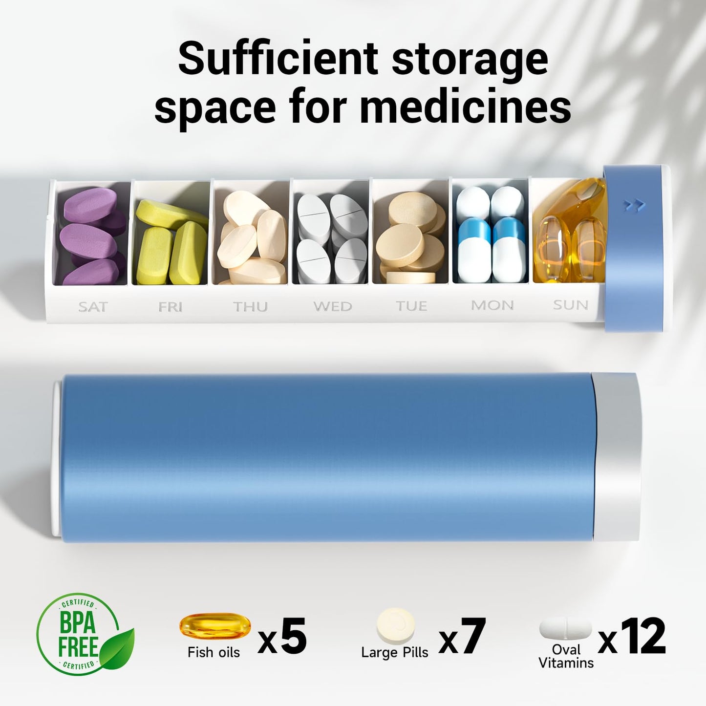 Pill Organizer 7 Day, Betife Daily Pill Box, Weekly Travel Pill Case, Cute Pill Holder to Hold Vitamins, Medicines, Pills, Supplements (Blue)