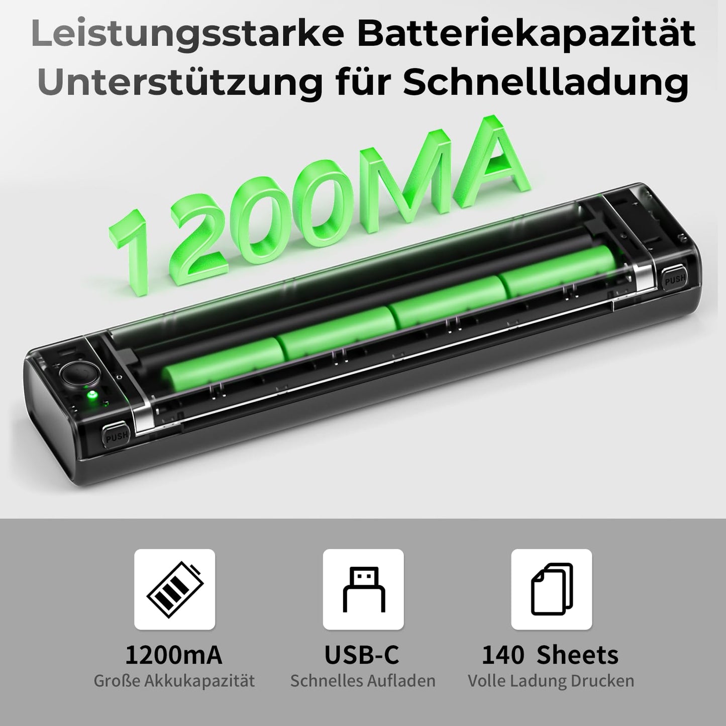Betife Tragbarer Mobiler Drucker A4 Bluetooth Mini Drucker für die Reise, Kabelloser Thermodrucker ohne patronen unterstützt Thermopapier 210 x 297mm, Kompatibel mit Android iOS Mac (Schwarz)