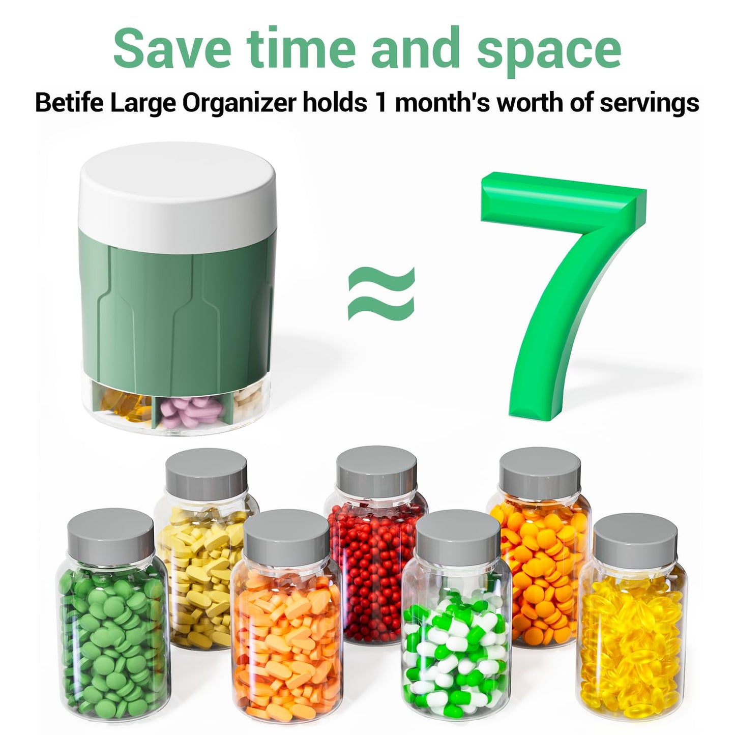 Extra Large Supplement Organizer,Betife Daily Weekly Pill Organizer Bottle, Pill Dispenser with 7 Large Compartments, Organizer to Hold Monthly Vitamin or Medication,Includes 21 Pcs Labels(Green)
