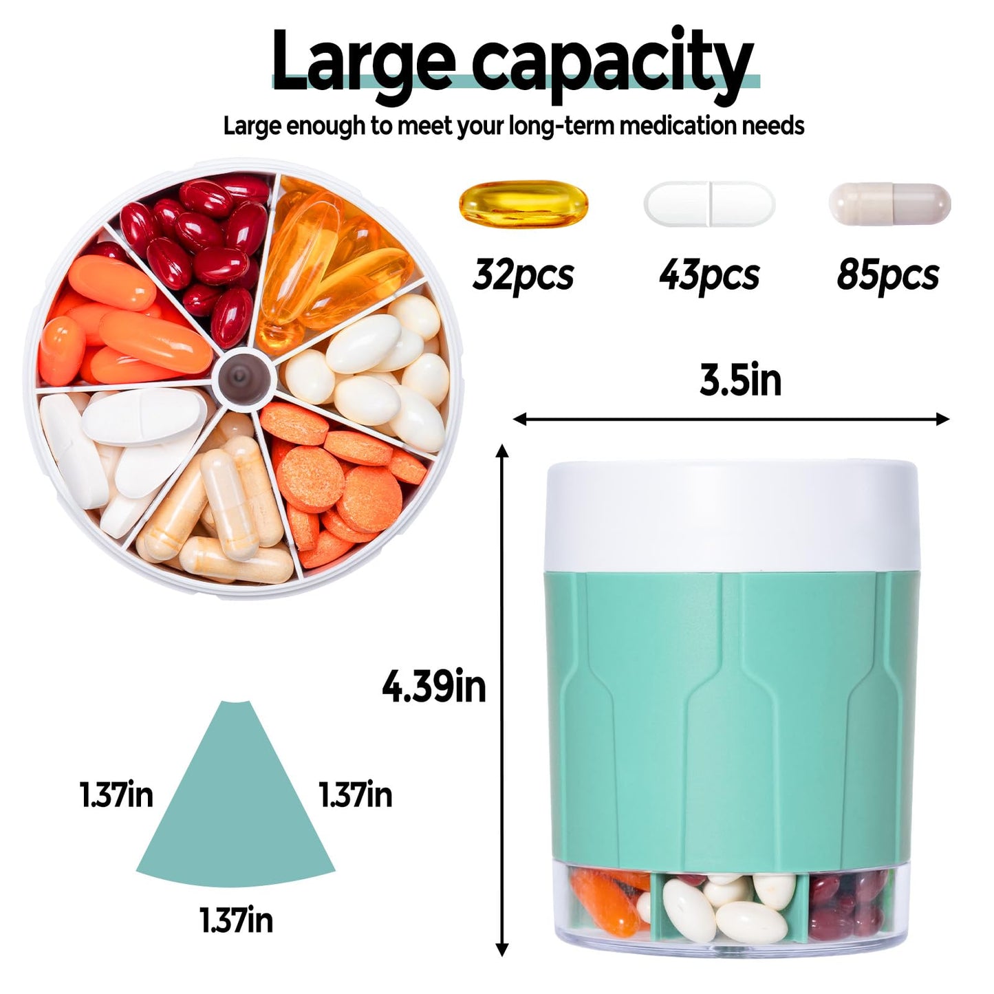 Extra Large Supplement Organizer,Betife Daily Weekly Pill Organizer Bottle, Pill Dispenser with 7 Large Compartments, Organizer to Hold Monthly Vitamin or Medication,Includes 21 Pcs Labels (Cyan)