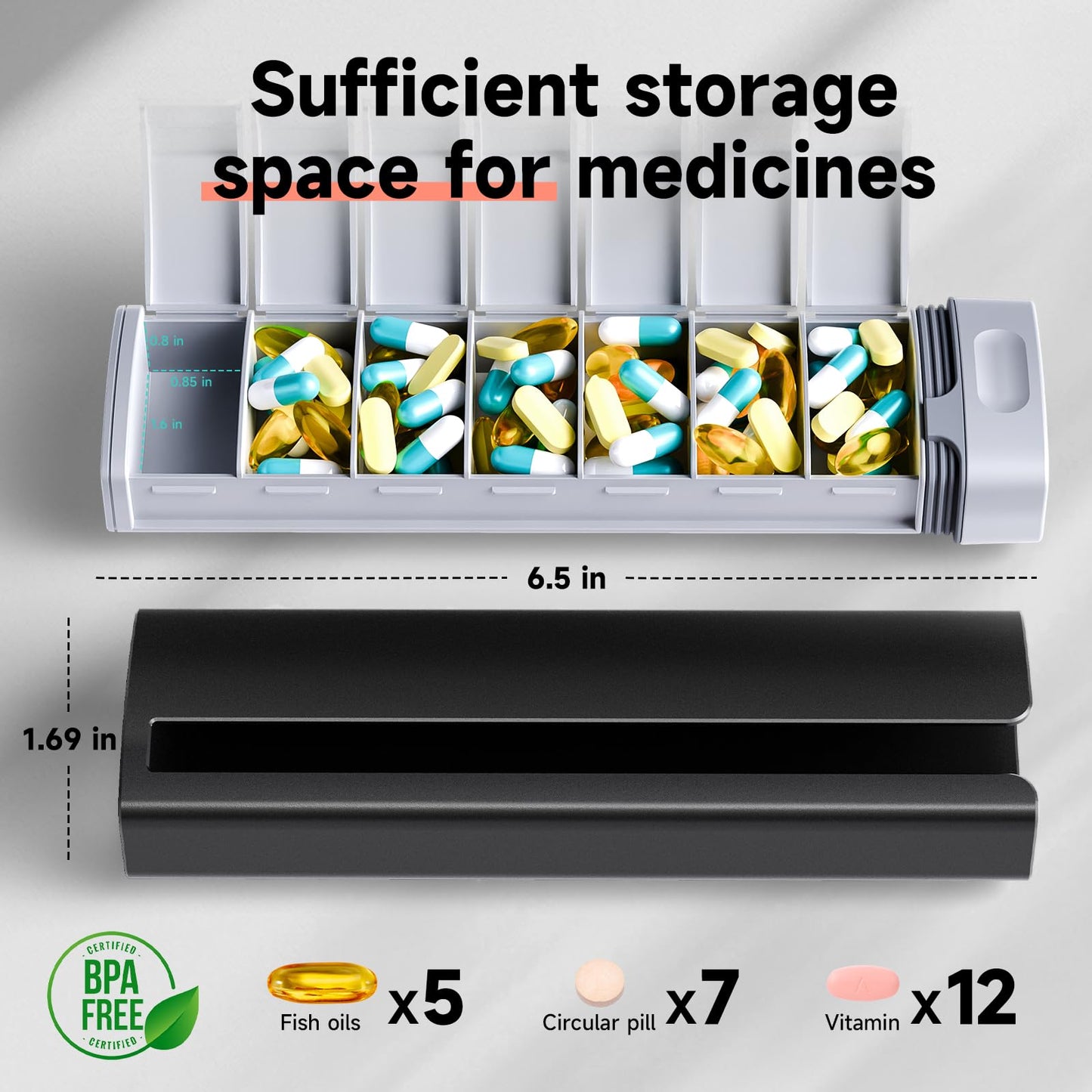 Pill Organizer 7 Day, Betife Upgrade Premium Aluminum Alloy Daily Pill Box, Weekly Travel Pill Case, Cute Pill Holder to Hold Vitamins, Medicines, Pills, Supplements (Black)
