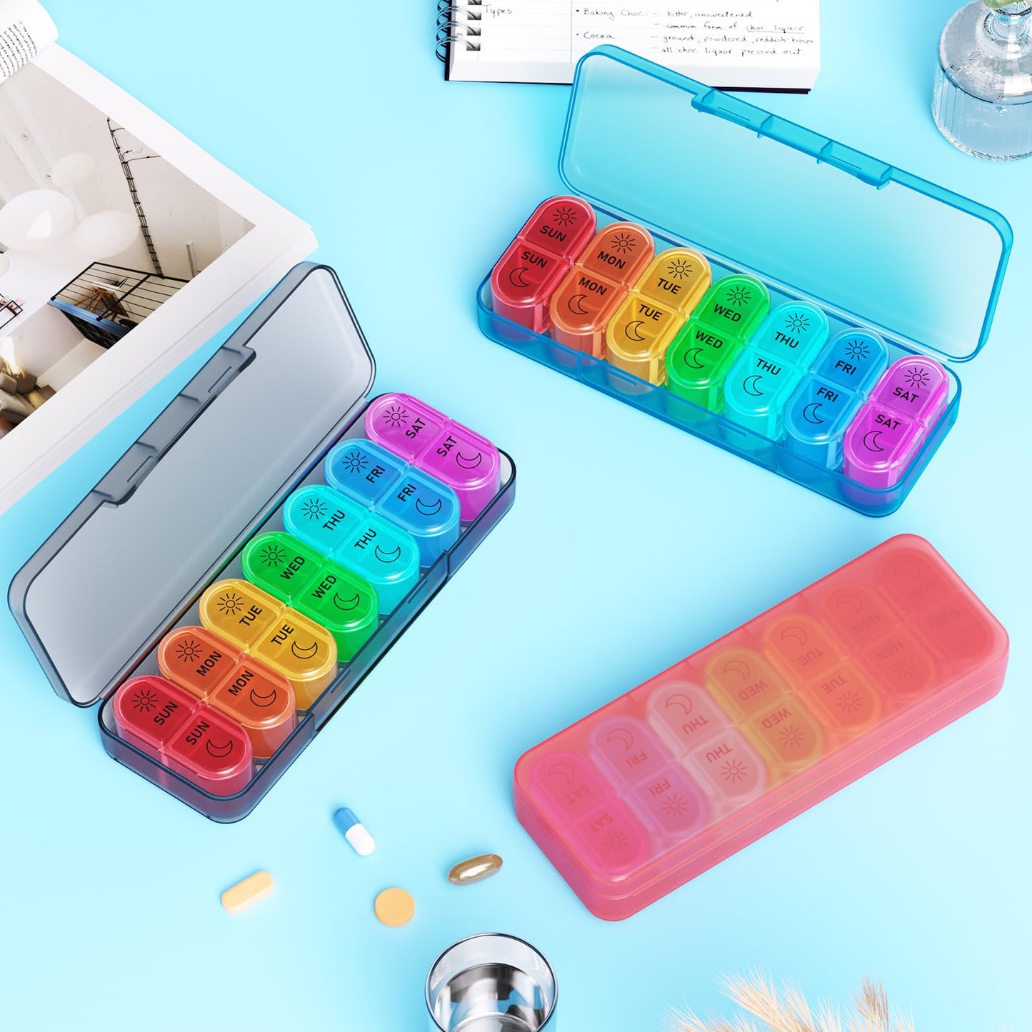 Betife Weekly Pill Organizer 2 Times a Day, 7 Day Pill Box AM PM, Portable Travel Pill Case, Daily Pill Container Day and Night, Medicine Organizer for Medication, Vitamin or Supplement(Blue)