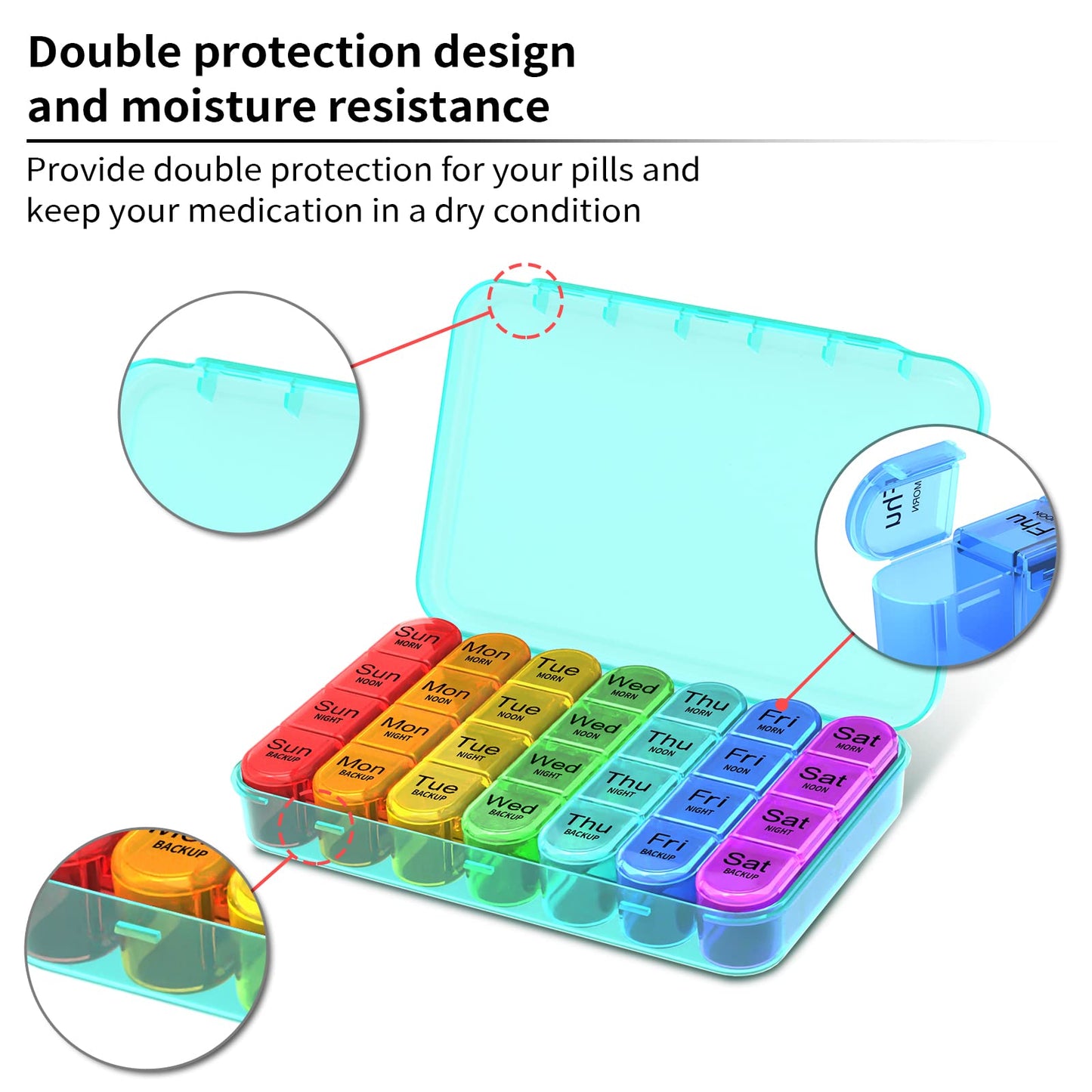 Pill Box 4 Times a Day, Betife Weekly Pill Box Organisers, 7 Day Tablet Organiser, Daily Pill Dispenser 7 Day 4 Compartments, Tablet Box for Medication, Vitamins and Supplements (Cyan)