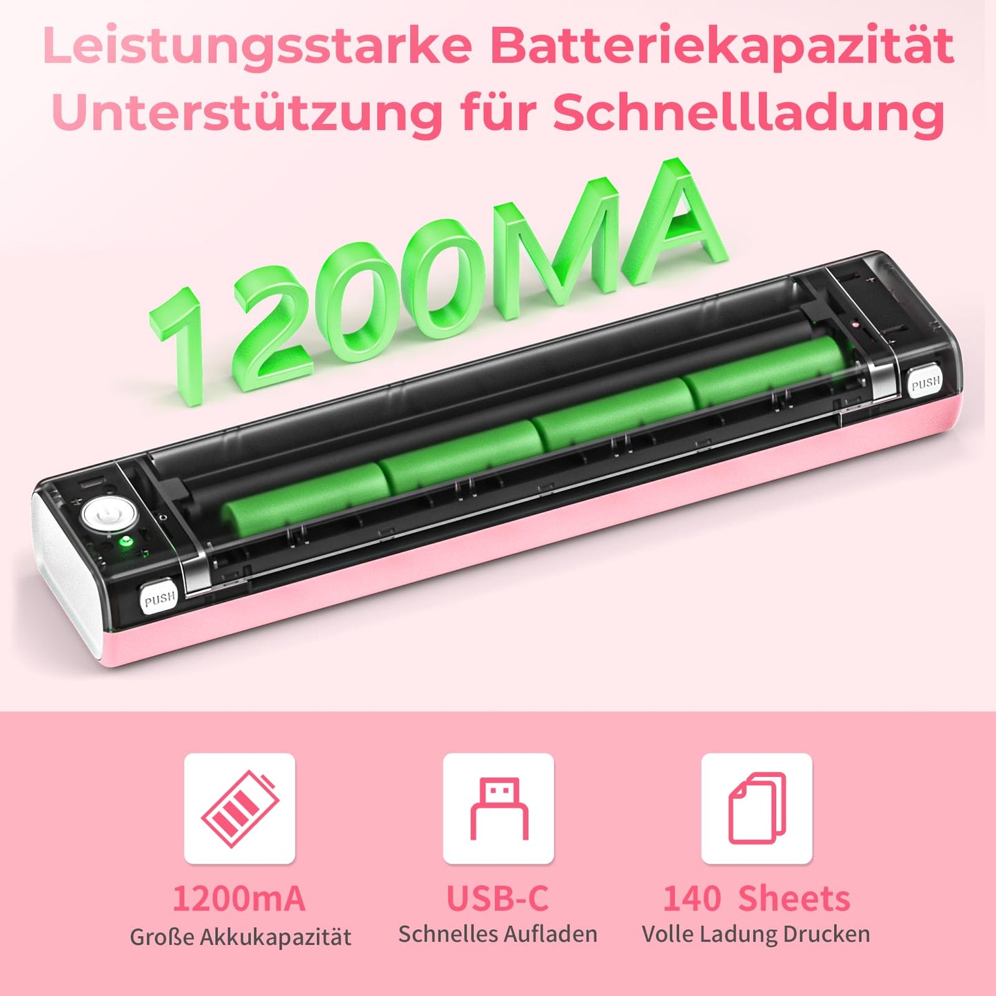 Betife Tragbarer Mobiler Drucker A4 Bluetooth Mini Drucker für die Reise, Kabelloser Thermodrucker ohne patronen unterstützt Thermopapier 210 x 297mm, Kompatibel mit Android iOS Mac (Rosa)