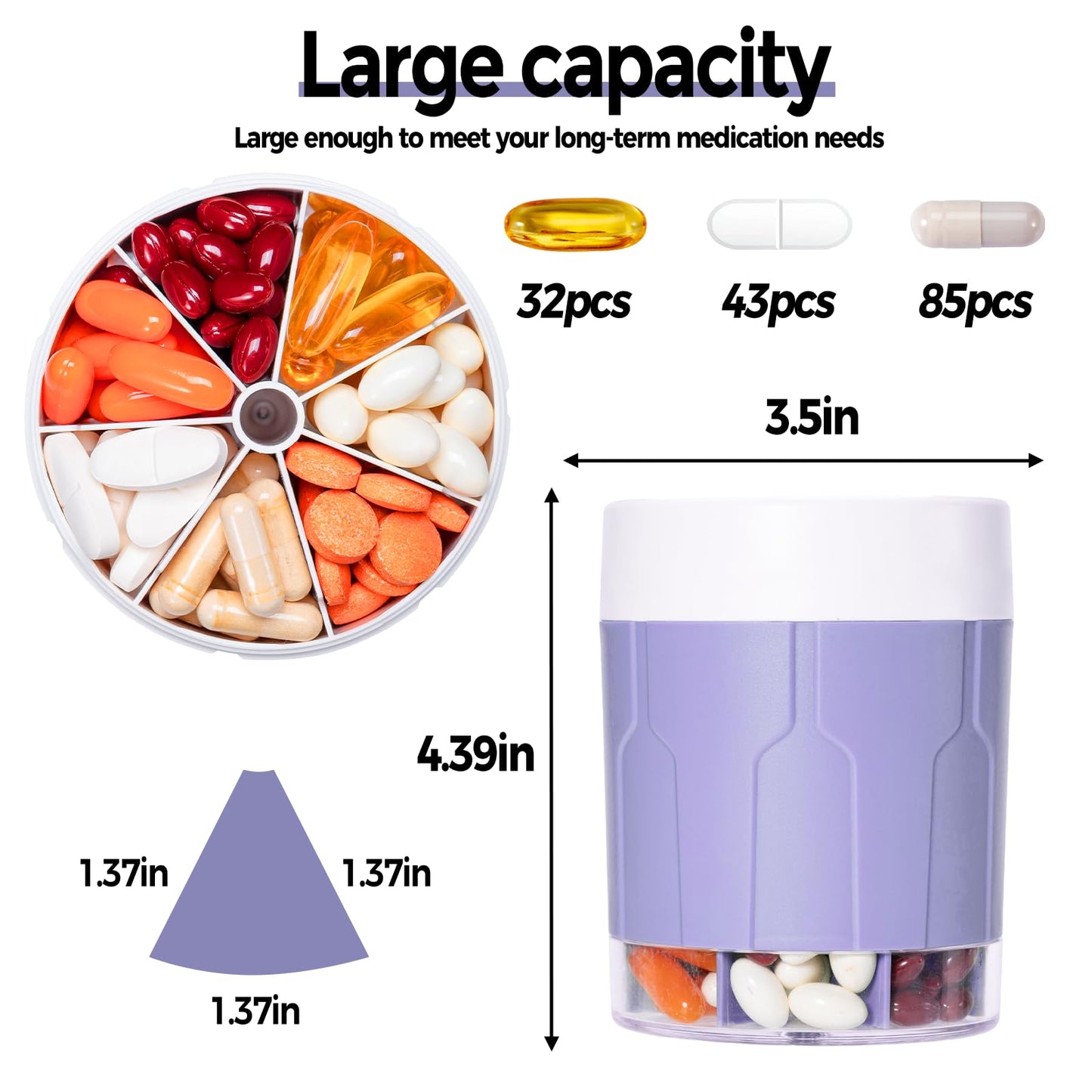 Extra Large Supplement Organizer,Betife Daily Weekly Pill Organizer Bottle, Pill Dispenser with 7 Large Compartments, Organizer to Hold Monthly Vitamin or Medication,Includes 21 Pcs Labels (Purple)