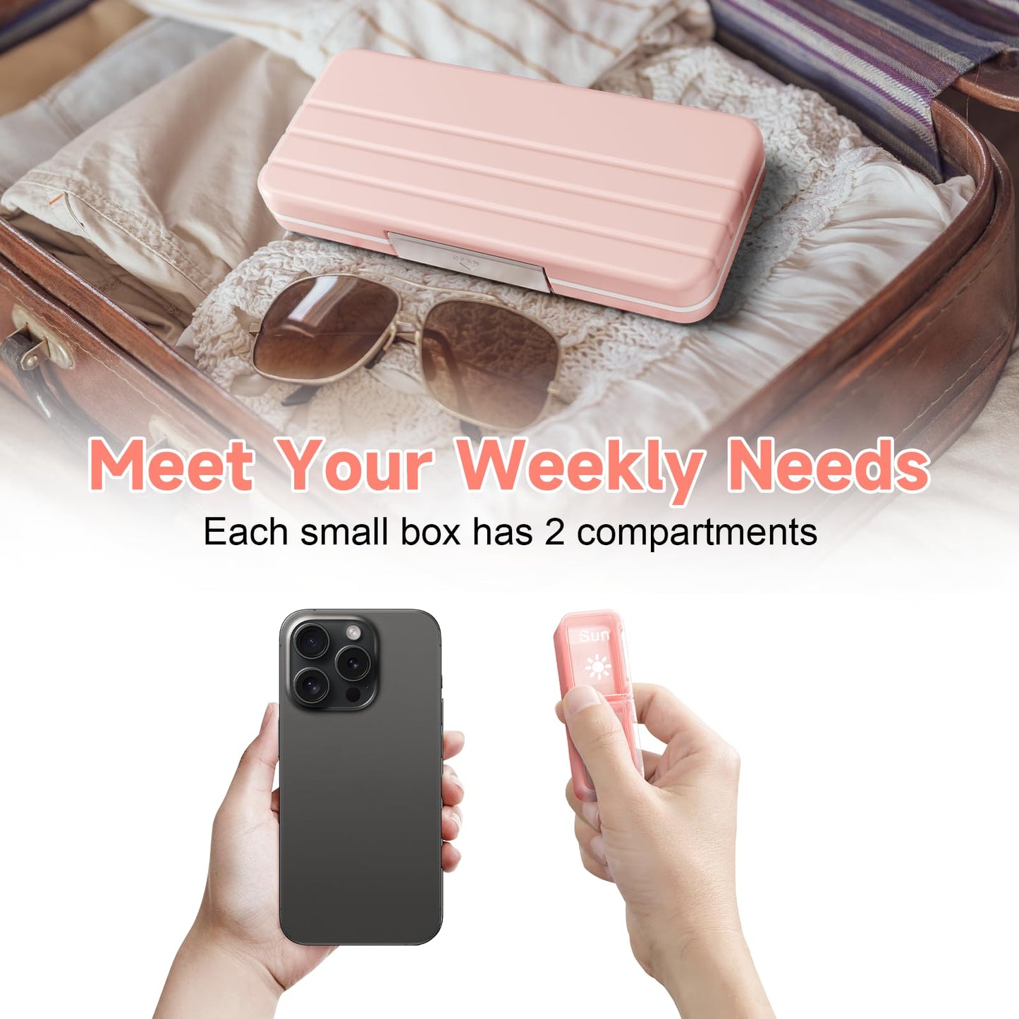 Betife Weekly Pill Organizer 2 Times a Day,7 Day Travel Pill Box,AM/PM pill case for Vitamins, Medication, Supplements and Fish Oils (Pink)