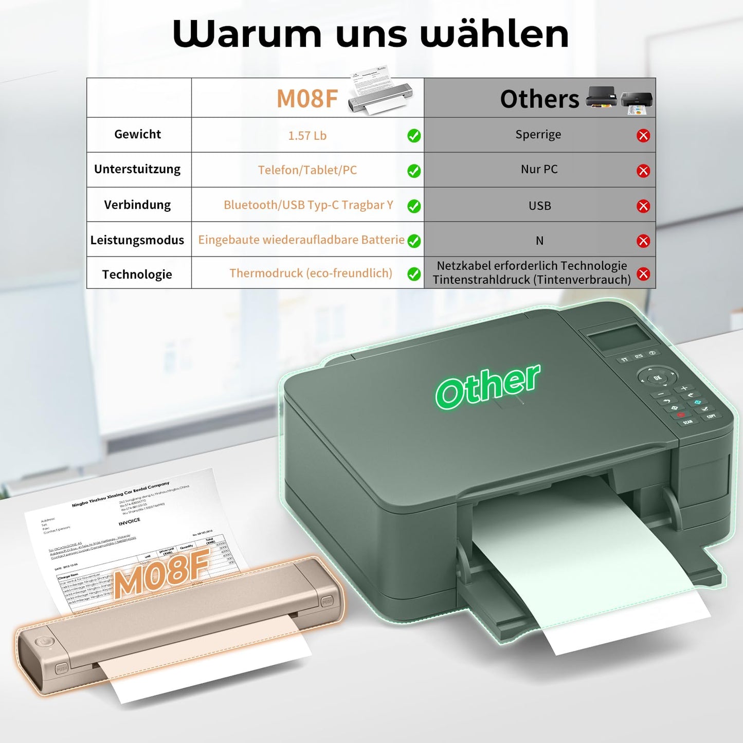 Betife Tragbarer Mobiler Drucker A4 Bluetooth Mini Drucker für die Reise, Kabelloser Thermodrucker ohne patronen unterstützt Thermopapier 210 x 297mm, Kompatibel mit Android iOS Mac (Silber)