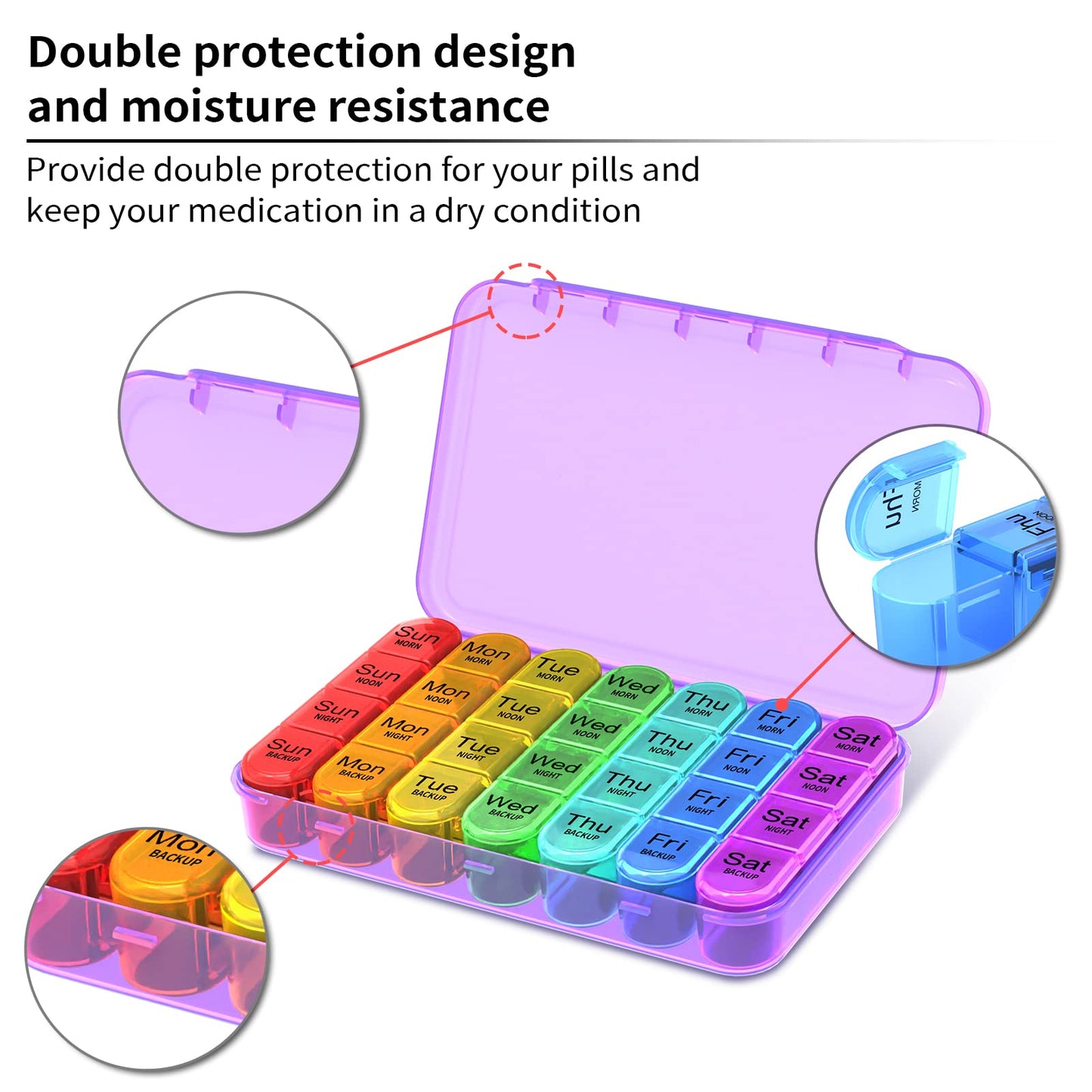 Pill Box 4 Times a Day, Betife Weekly Pill Box Organisers, 7 Day Tablet Organiser, Daily Pill Dispenser 7 Day 4 Compartments, Tablet Box for Medication, Vitamins and Supplements (Purple)