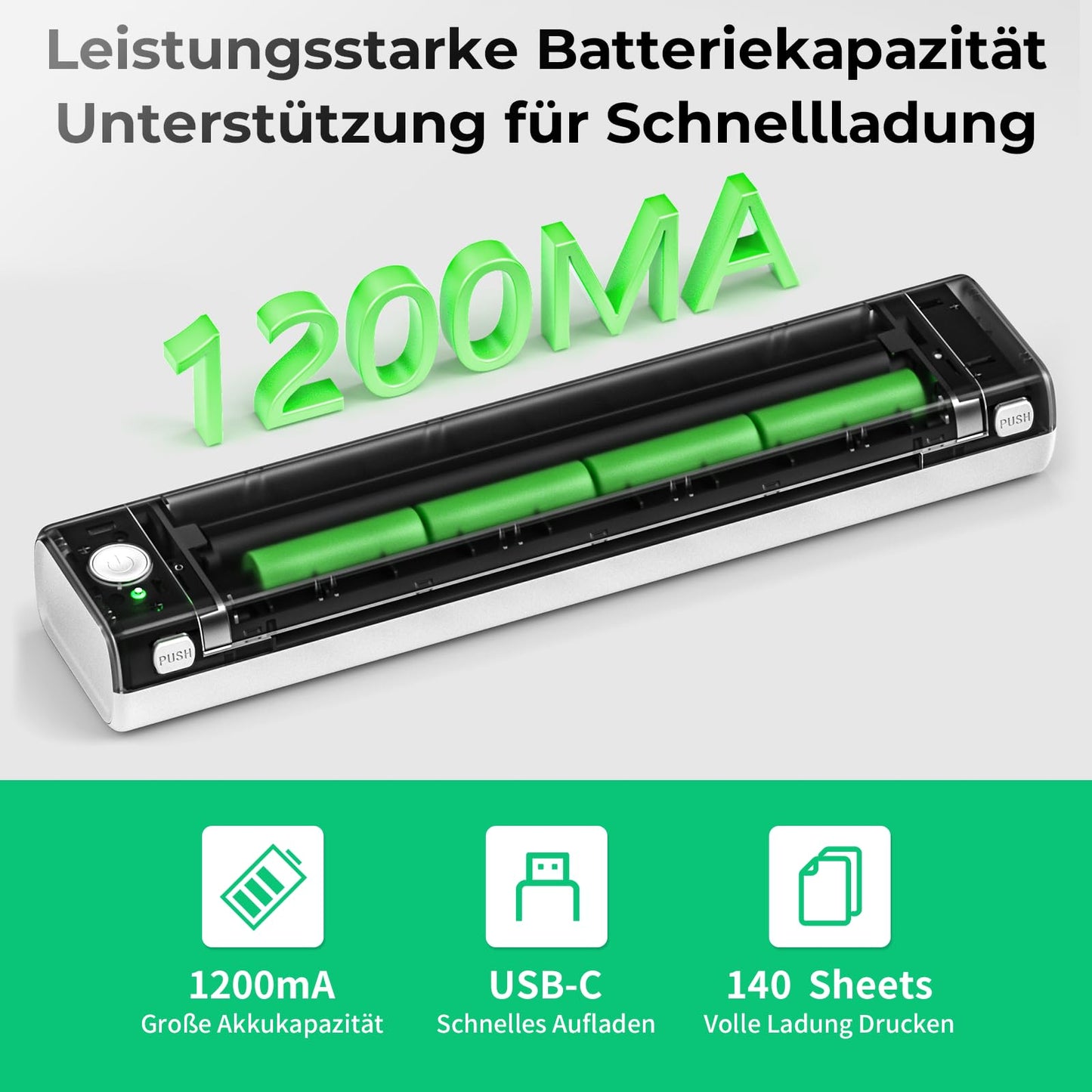 Betife Tragbarer Mobiler Drucker A4 Bluetooth Mini Drucker für die Reise, Kabelloser Thermodrucker ohne patronen unterstützt Thermopapier 210 x 297mm, Kompatibel mit Android iOS Mac (Weiß)
