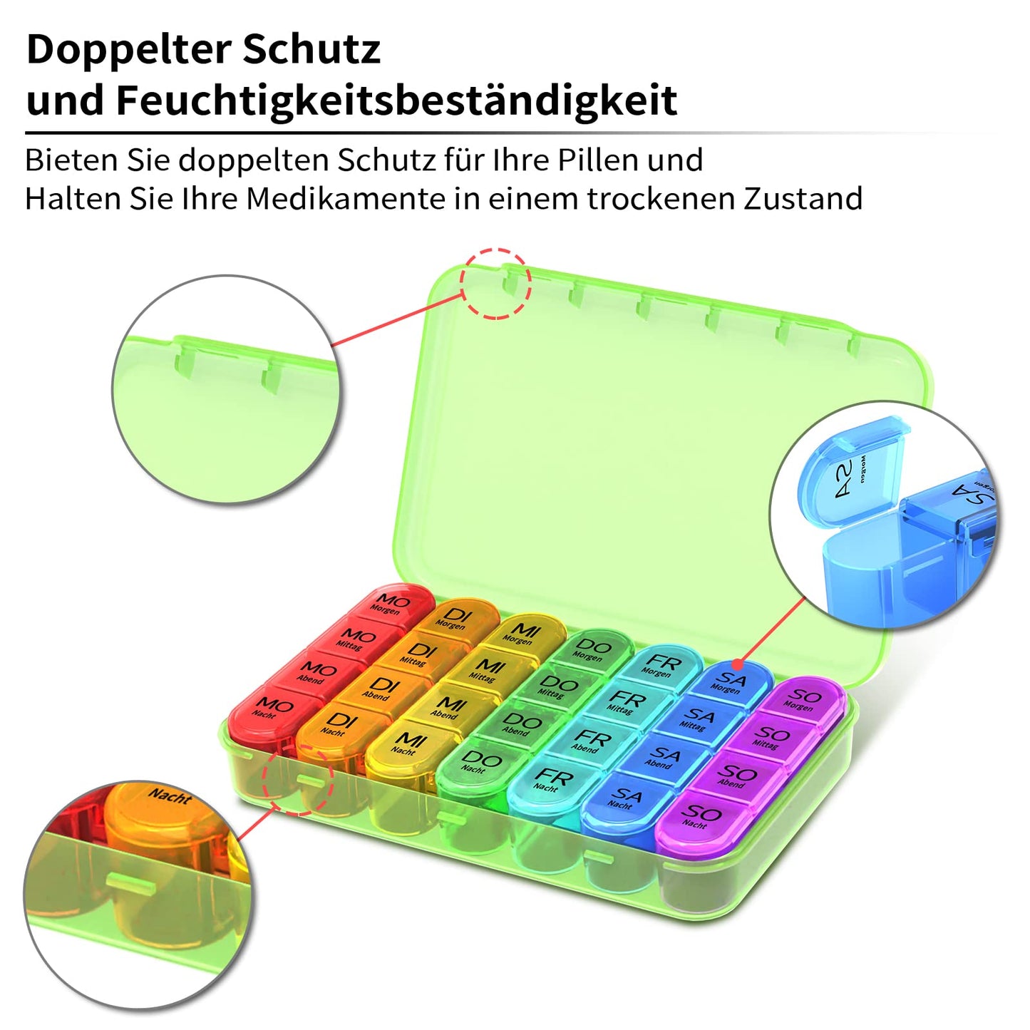Tablettenbox 7 Tage Morgens Mittags Abends Nachts, Betife Pillendose 7 Tage 4 Fächer, Medikamentenbox 7 Tage, Pillenbox Groß, Tabletten Wochenbox, Pillendose 7 Tage 4 Fächer (Grün)