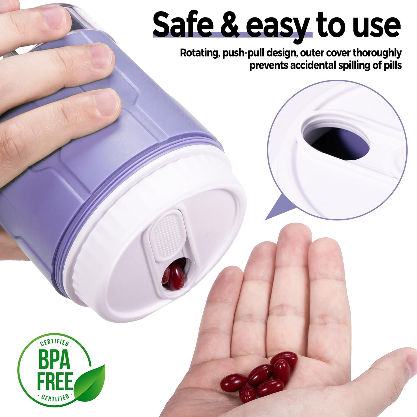 Extra Large Supplement Organizer,Betife Daily Weekly Pill Organizer Bottle, Pill Dispenser with 7 Large Compartments, Organizer to Hold Monthly Vitamin or Medication,Includes 21 Pcs Labels (Purple)