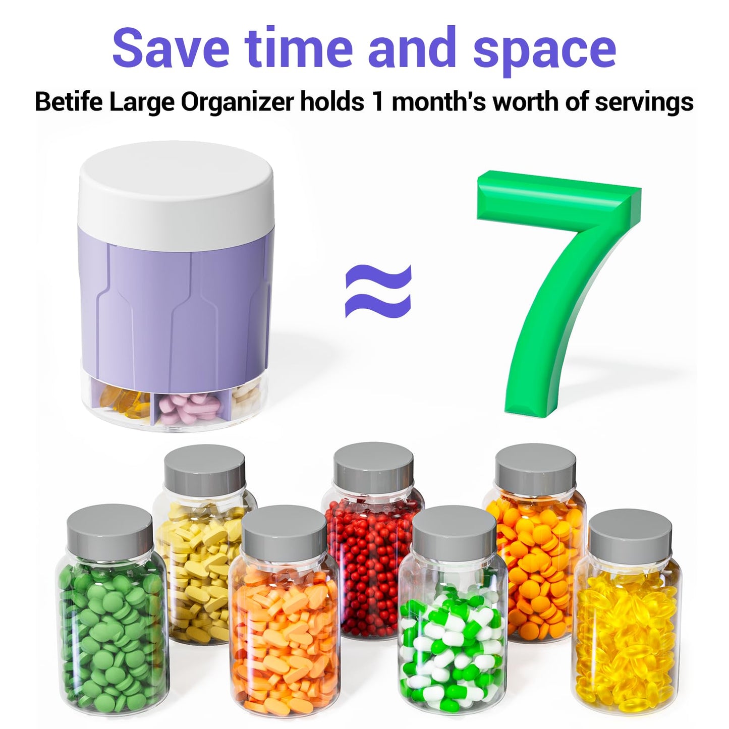 Extra Large Supplement Organizer,Betife Daily Weekly Pill Organizer Bottle, Pill Dispenser with 7 Large Compartments, Organizer to Hold Monthly Vitamin or Medication,Includes 21 Pcs Labels (Purple)