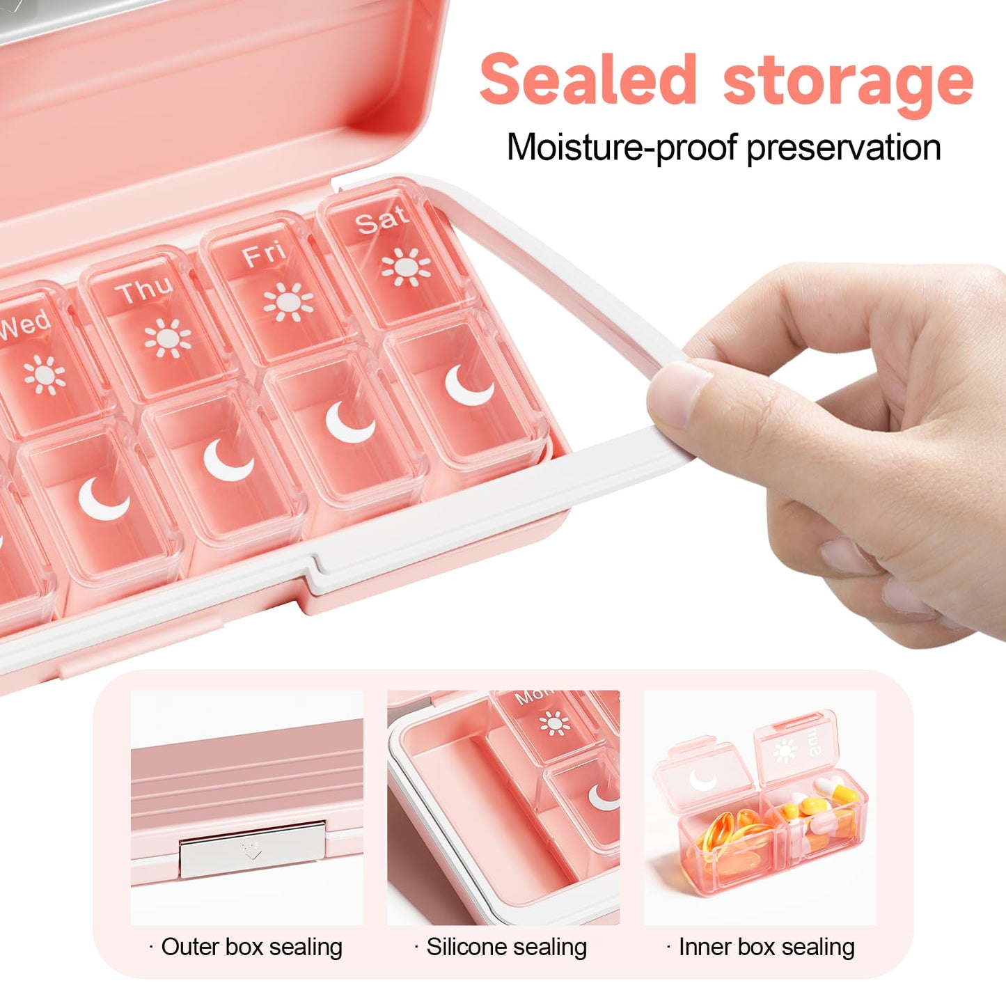 Betife Weekly Pill Organizer 2 Times a Day,7 Day Travel Pill Box,AM/PM pill case for Vitamins, Medication, Supplements and Fish Oils (Pink)