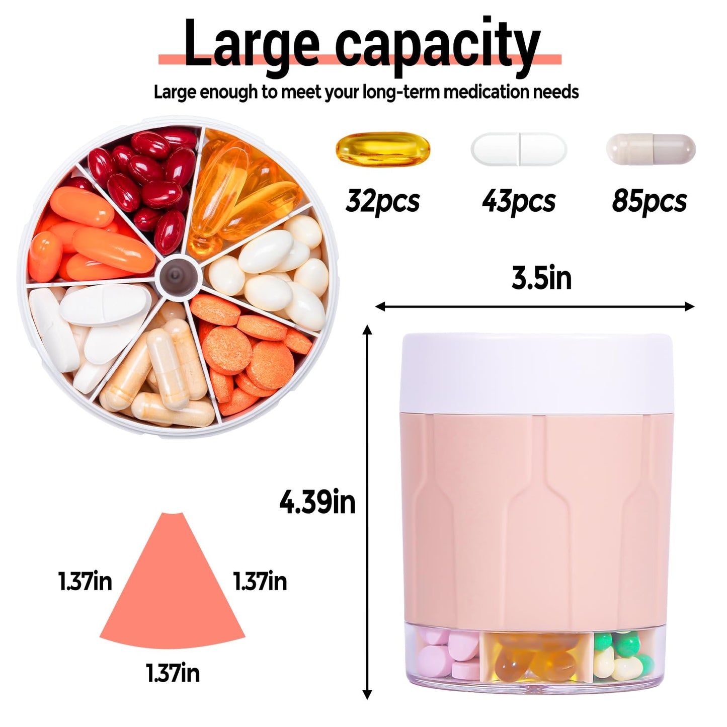 Extra Large Supplement Organizer,Betife Daily Weekly Pill Organizer Bottle, Pill Dispenser with 7 Large Compartments, Organizer to Hold Monthly Vitamin or Medication,Includes 21 Pcs Labels(Pink)