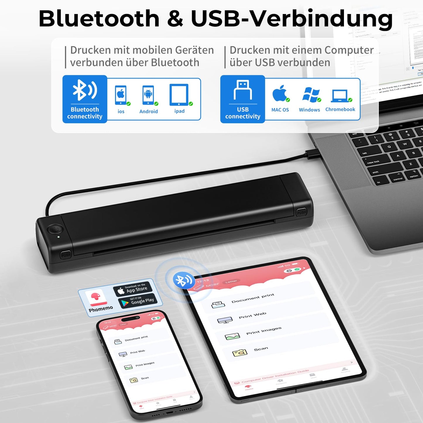 Betife Tragbarer Mobiler Drucker A4 Bluetooth Mini Drucker für die Reise, Kabelloser Thermodrucker ohne patronen unterstützt Thermopapier 210 x 297mm, Kompatibel mit Android iOS Mac (Schwarz)