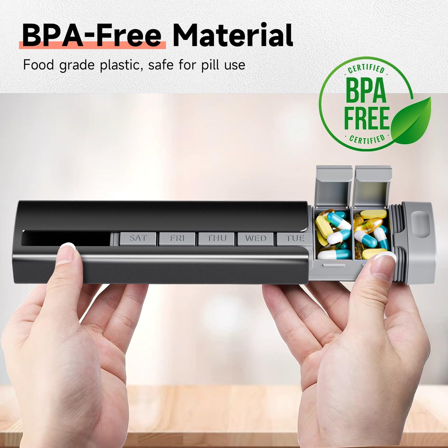 Pill Organizer 7 Day, Betife Upgrade Premium Aluminum Alloy Daily Pill Box, Weekly Travel Pill Case, Cute Pill Holder to Hold Vitamins, Medicines, Pills, Supplements (Black)