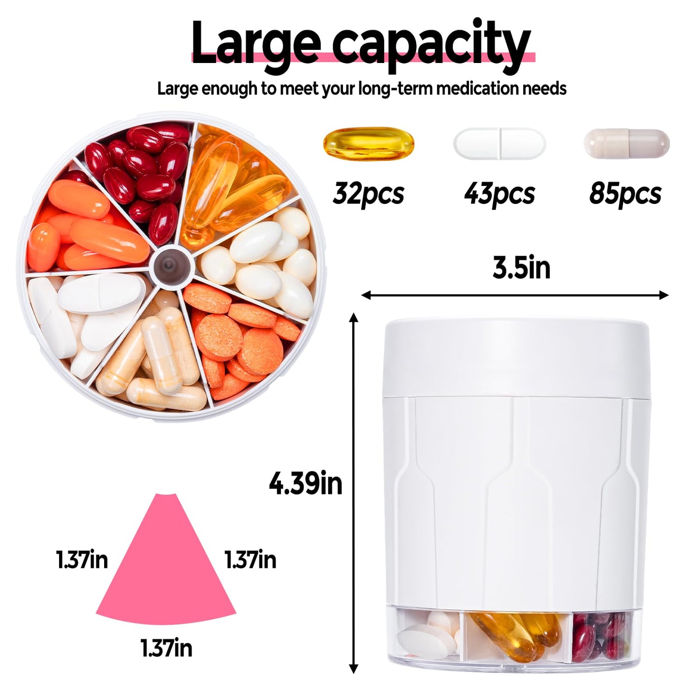 Extra Large Supplement Organizer,Betife Daily Weekly Pill Organizer Bottle, Pill Dispenser with 7 Large Compartments, Organizer to Hold Monthly Vitamin or Medication,Includes 21 Pcs Labels(White)