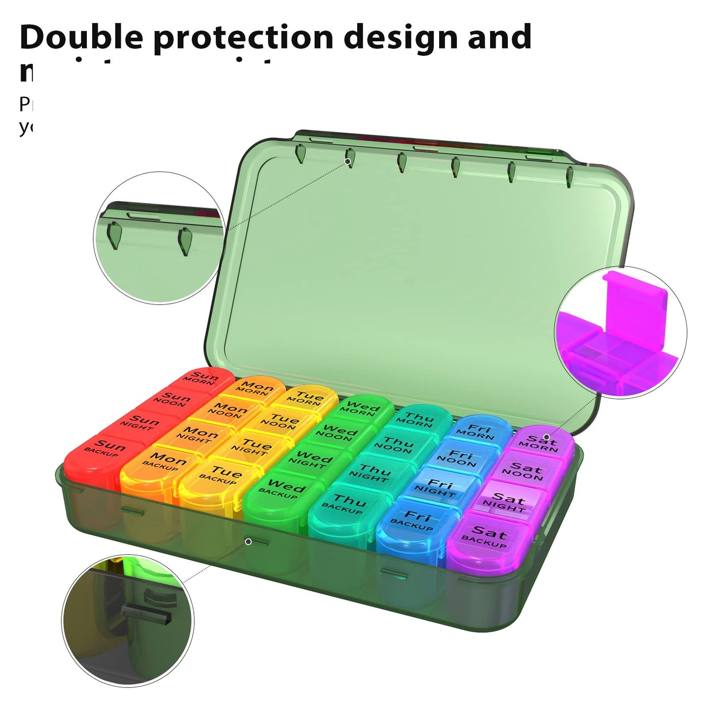 Pill Box 4 Times a Day, Betife Weekly Pill Box Organisers, 7 Day Tablet Organiser, Daily Pill Dispenser 7 Day 4 Compartments, Tablet Box for Medication, Vitamins and Supplements (Olive Green)