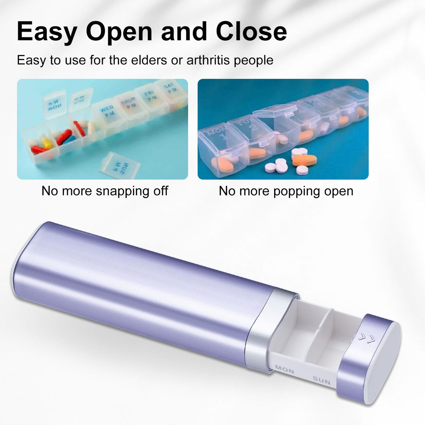 Weekly Pill Organizer 7 Day, Betife Daily Pill Box, Travel Pill Case, Cute Pill Holder to Hold Vitamins, Medicines, Supplements, Pills Organizer (Purple)
