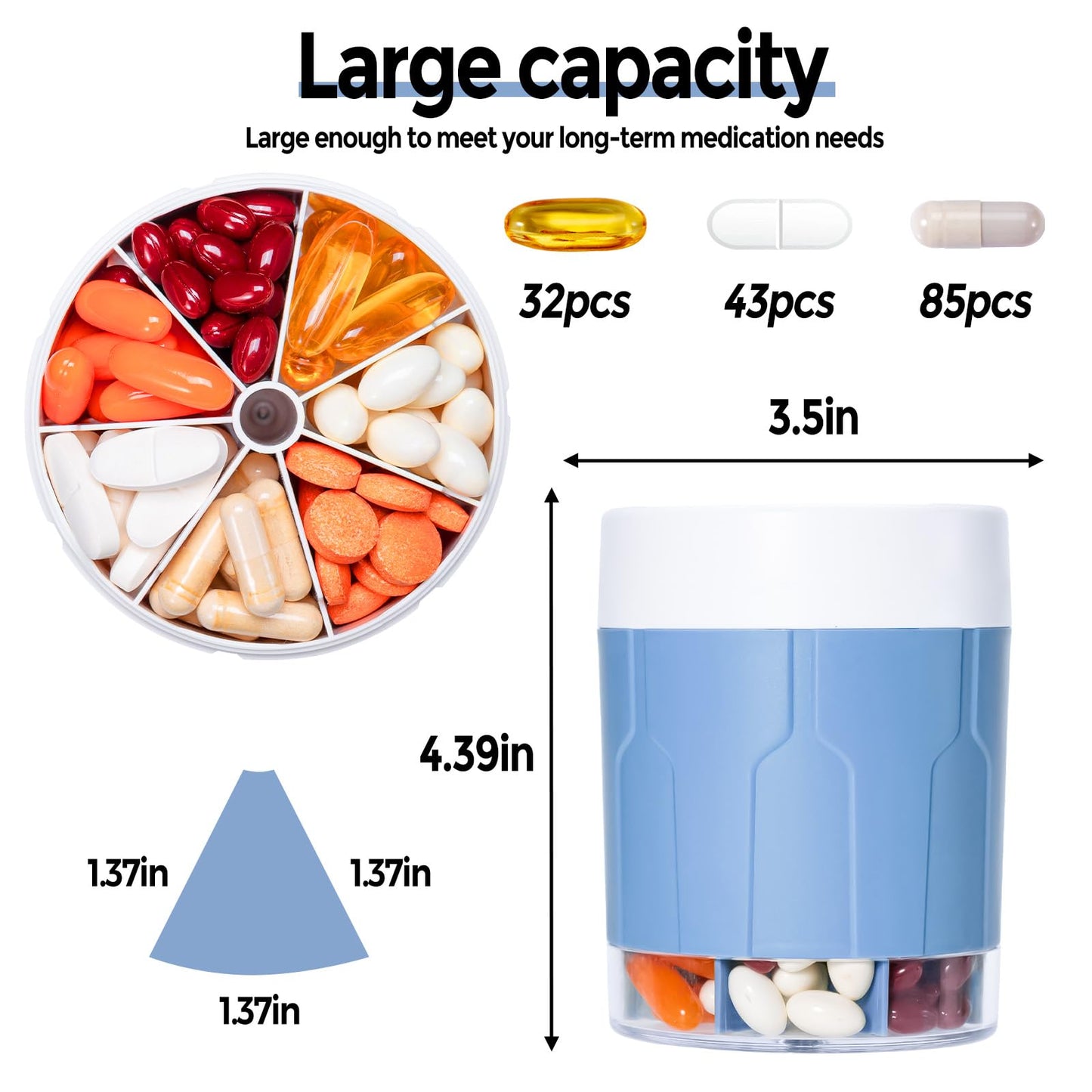 Extra Large Supplement Organizer,Betife Daily Weekly Pill Organizer Bottle, Pill Dispenser with 7 Large Compartments, Organizer to Hold Monthly Vitamin or Medication,includes 21 Pcs Labels (Blue)